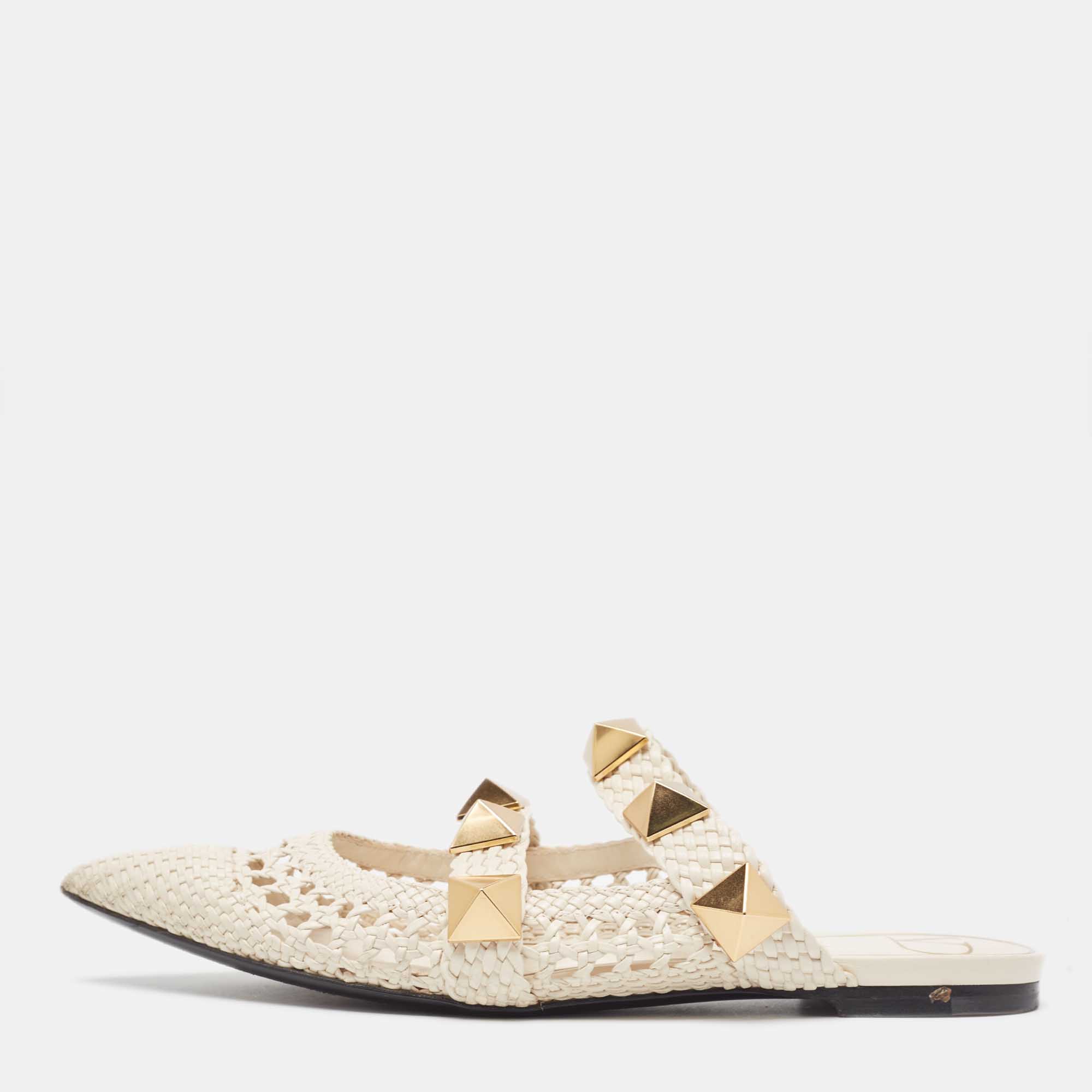 

Valentino Cream Woven Leather Roman Stud Flat Mules Size