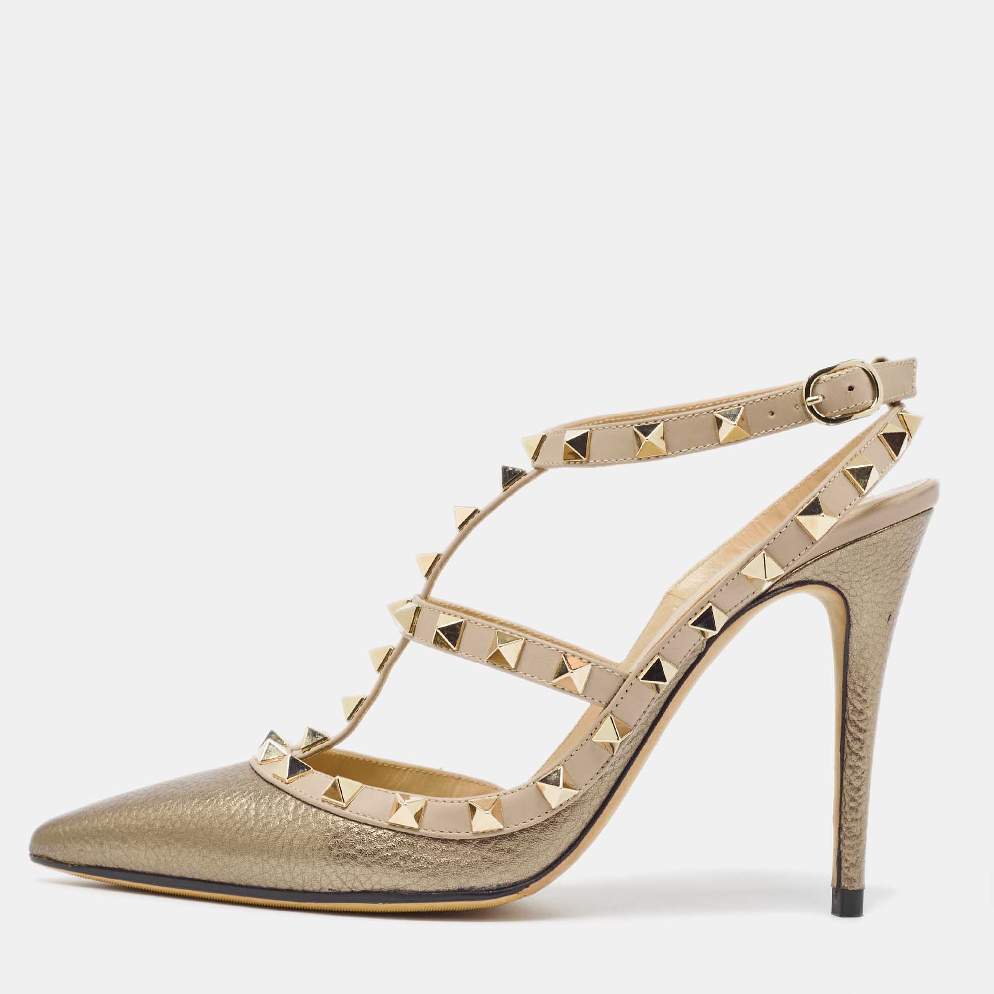 

Valentino Metallic/Dusty Pink Leather Rockstud Ankle Strap Pumps Size