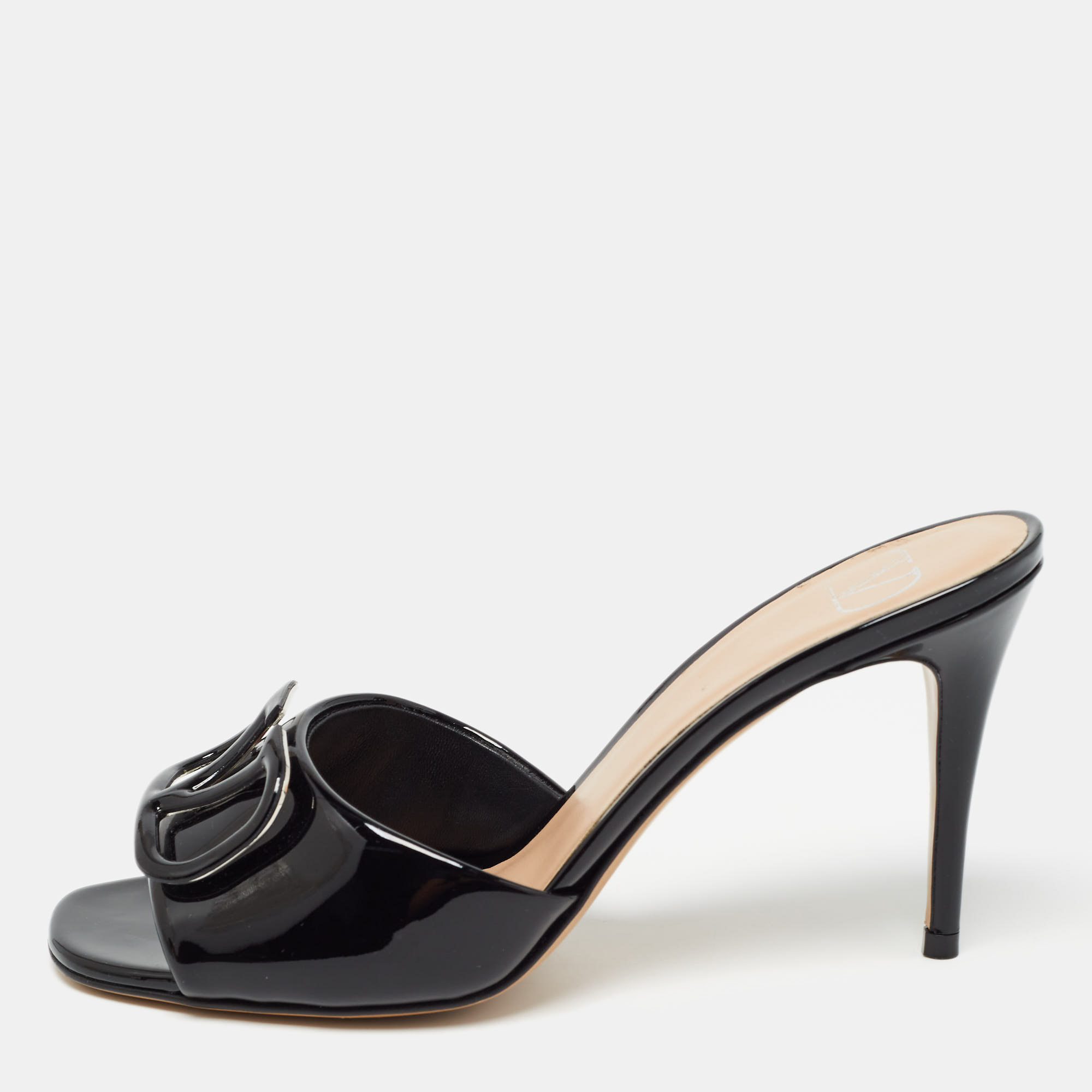 

Valentino Black Patent Leather VLogo Slide Sandals Size