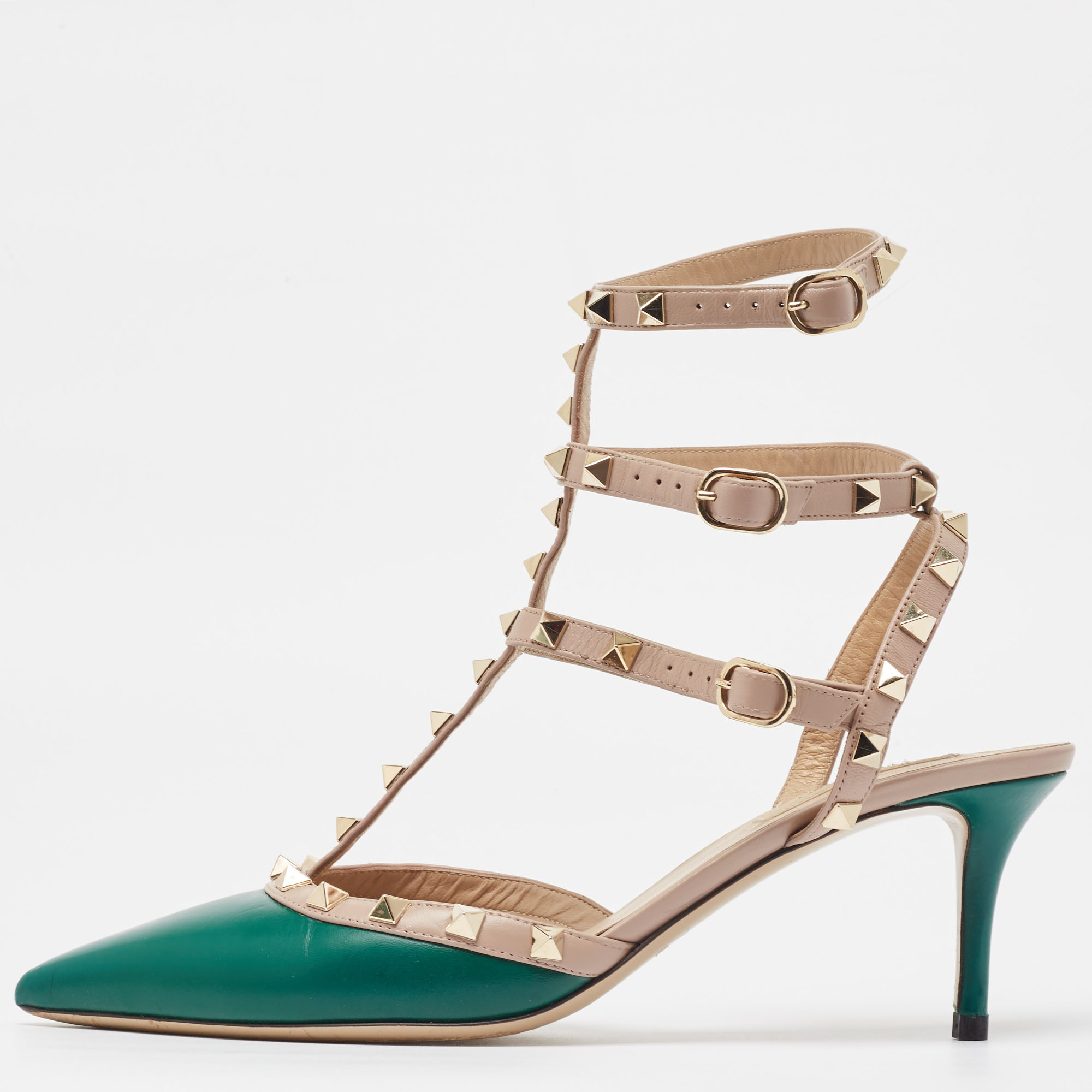 

Valentino Green/Beige Leather Rockstud Ankle Strap Pumps Size