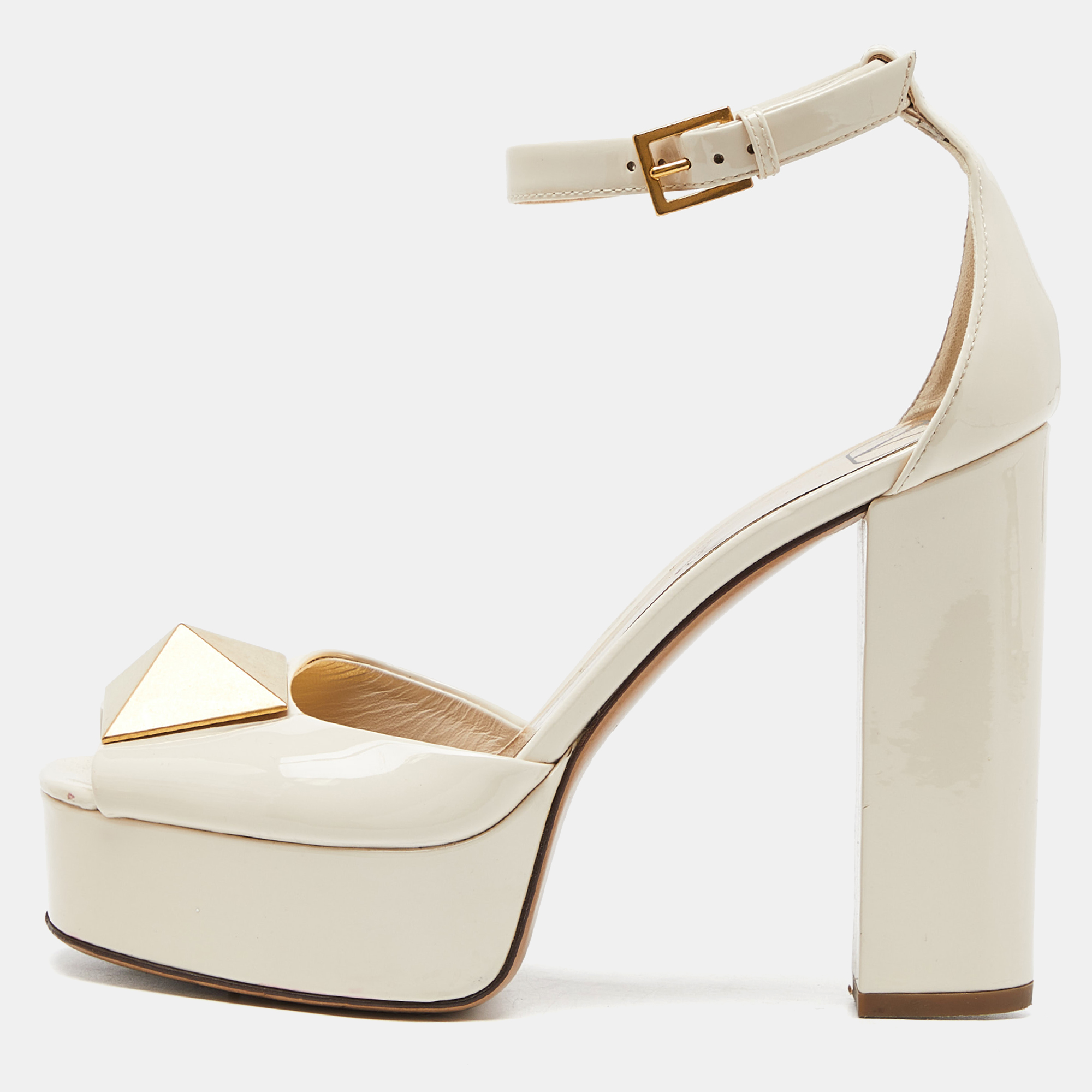 Valentino Cream Patent Leather Block Heel Sandals Size 37.5