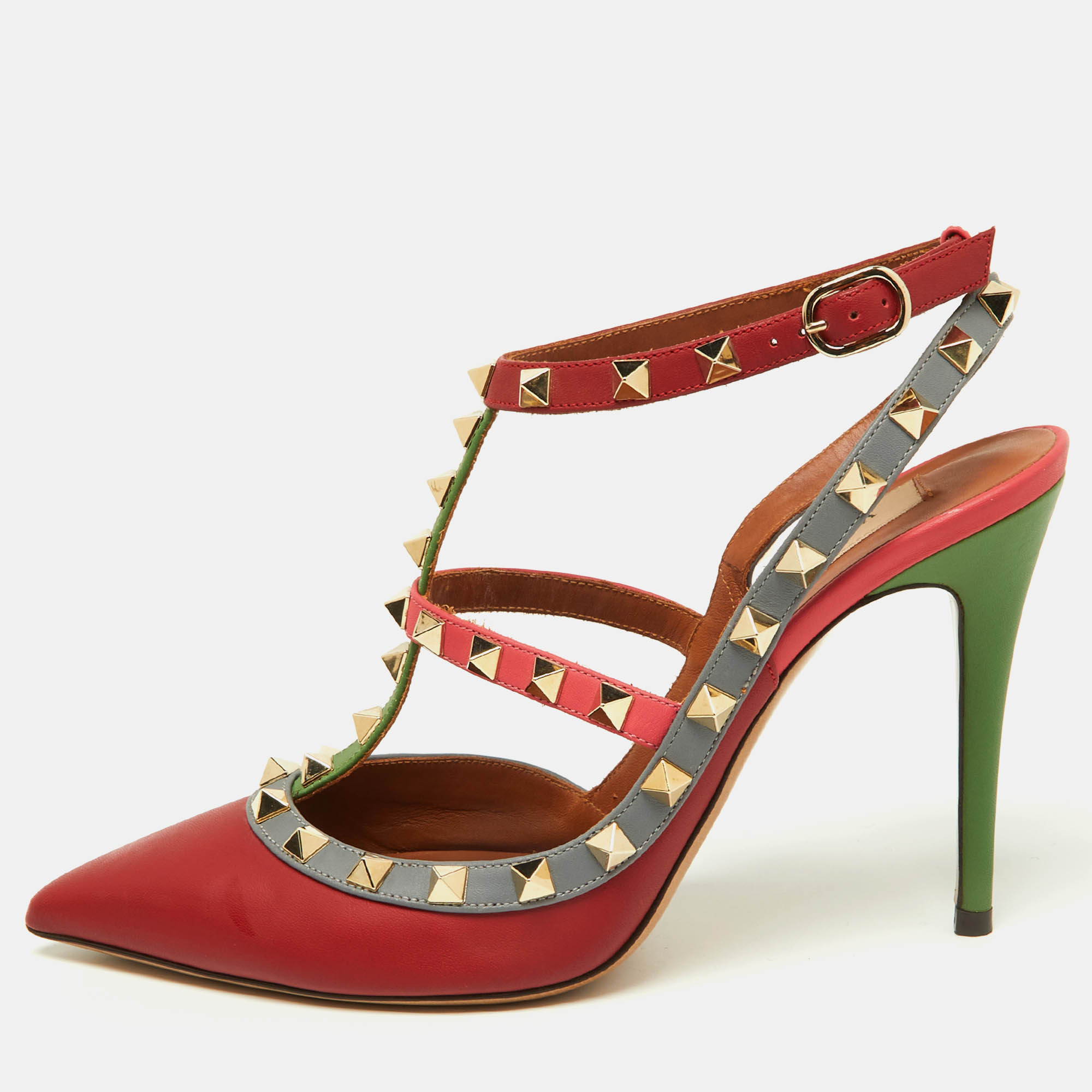 

Valentino Tricolor Leather Rockstud Strappy Pointed Toe Pumps Size, Red
