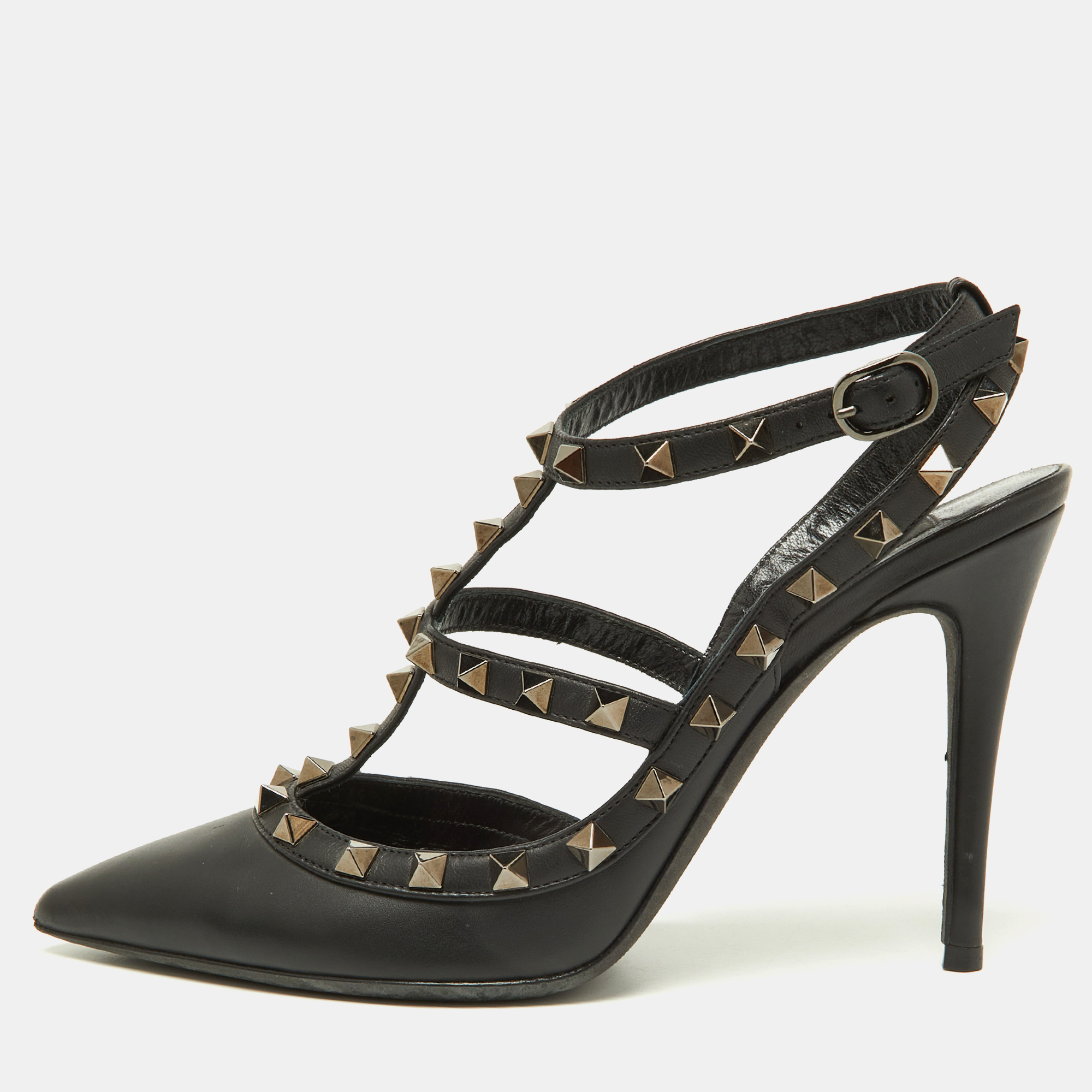 

Valentino Black Leather Rockstud Strappy Pointed Toe Pumps Size Size