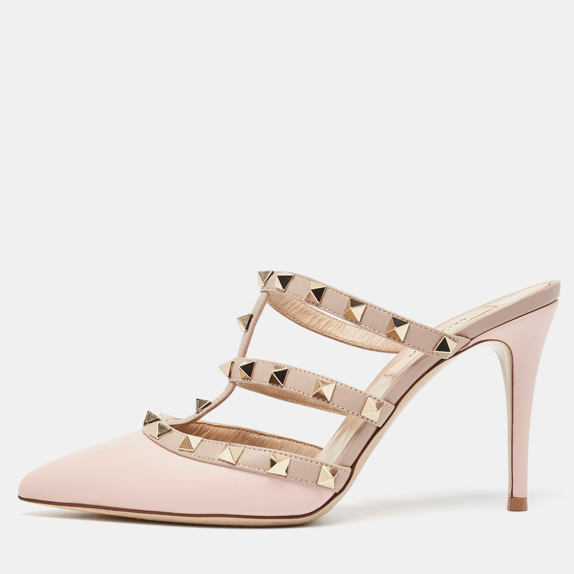 

Valentino Pink/Beige Leather Rockstud Mule Sandals Size