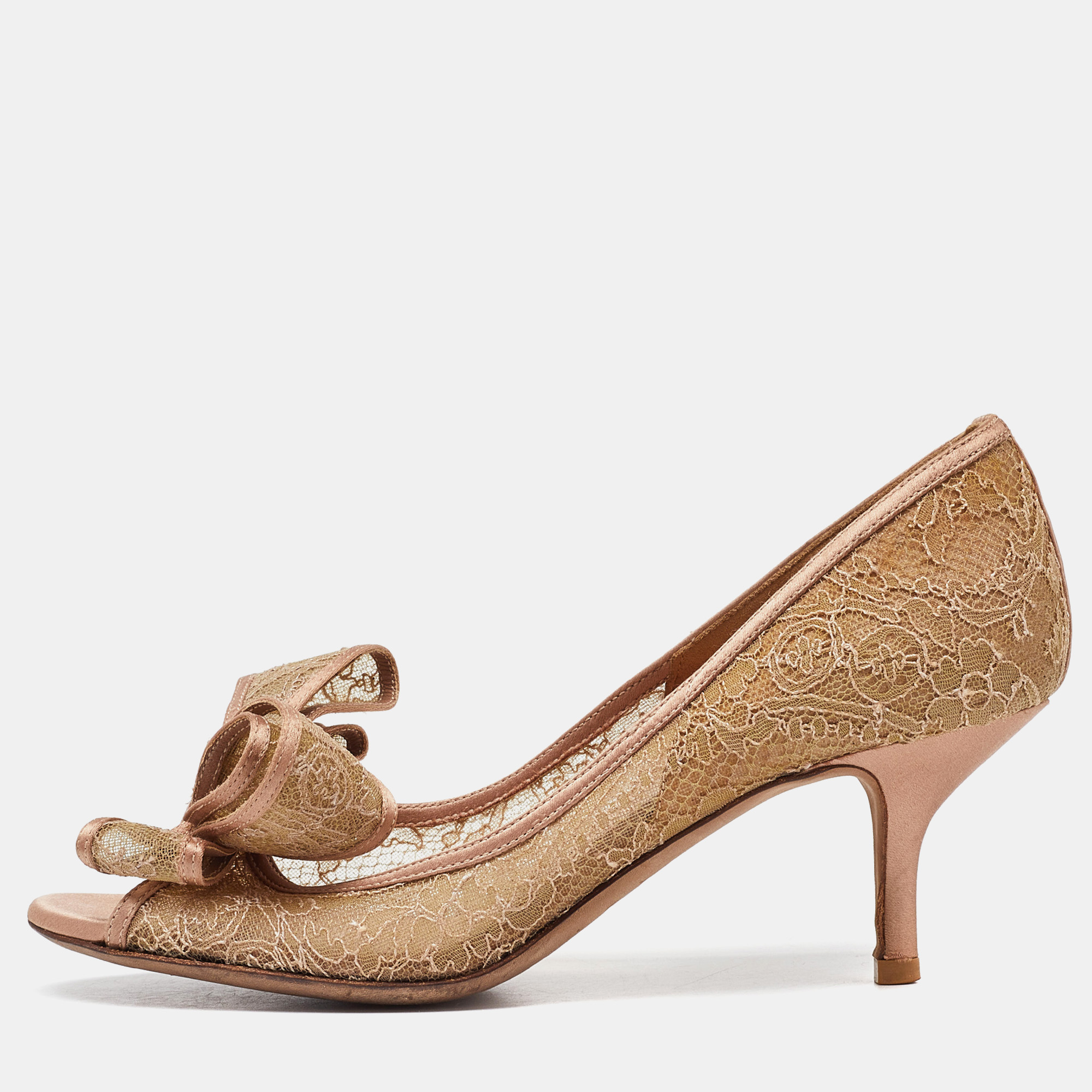 

Valentino Beige Satin and Lace Bow Peep Toe Pumps Size