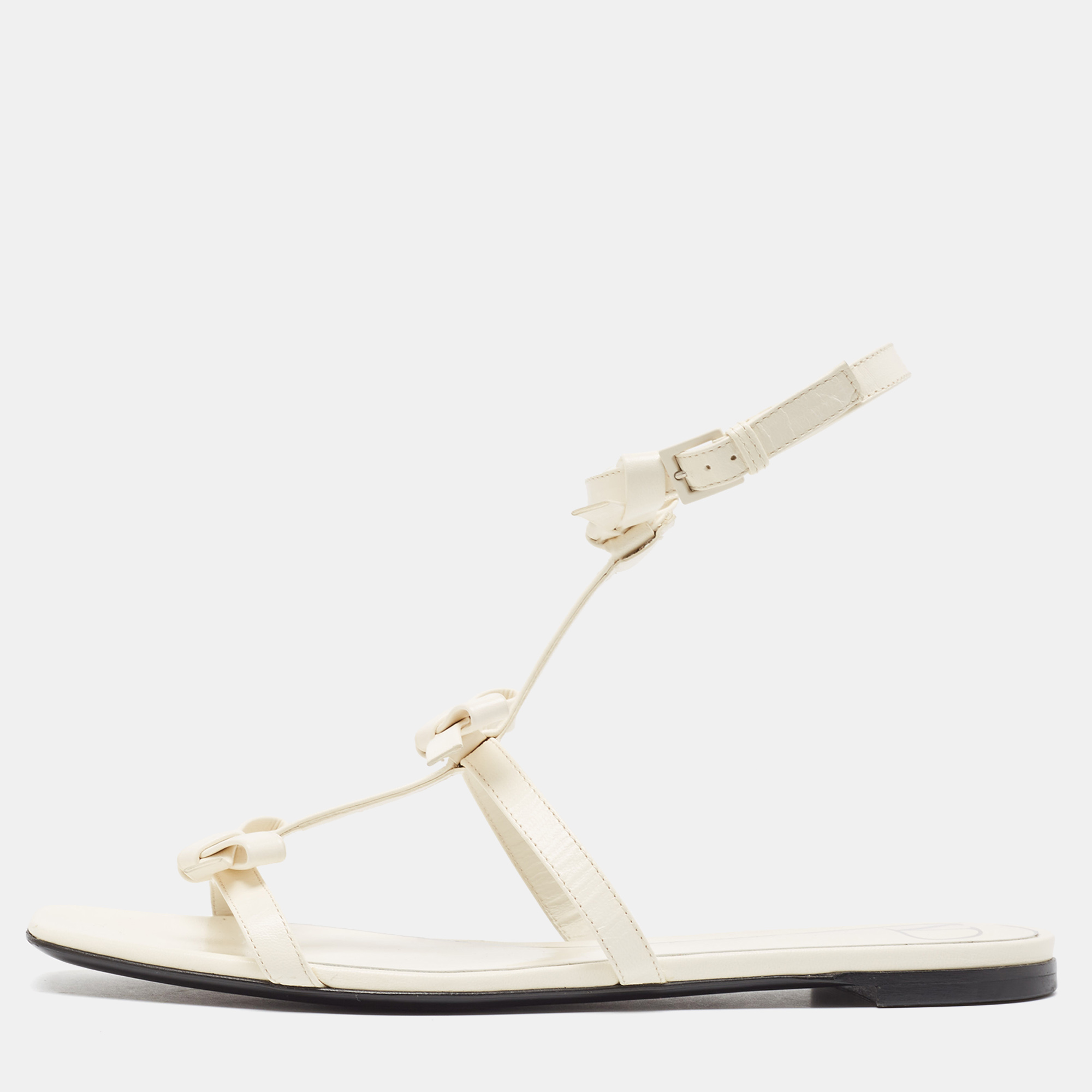 

Valentino White Leather Bow Accents Ankle Strap Flats Size, Cream