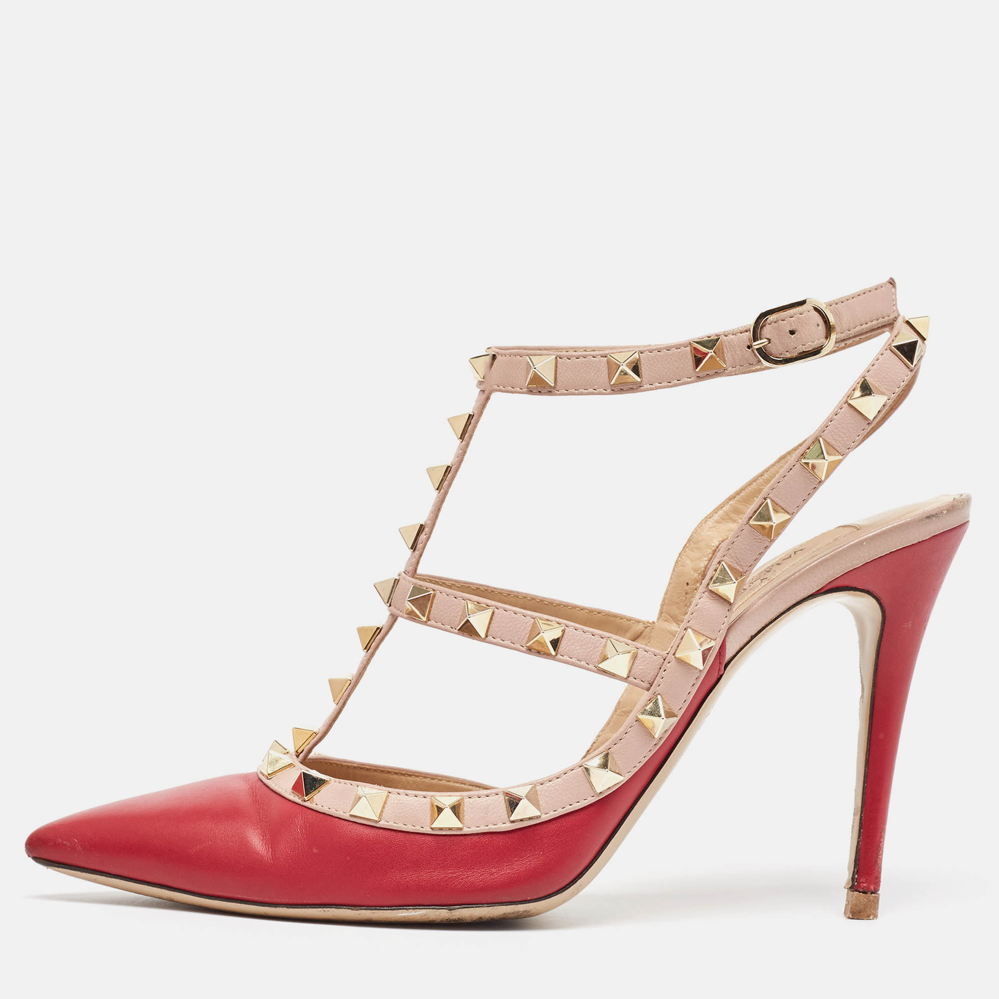 

Valentino Red/Pink Leather Rockstud Ankle Strap Pumps Size