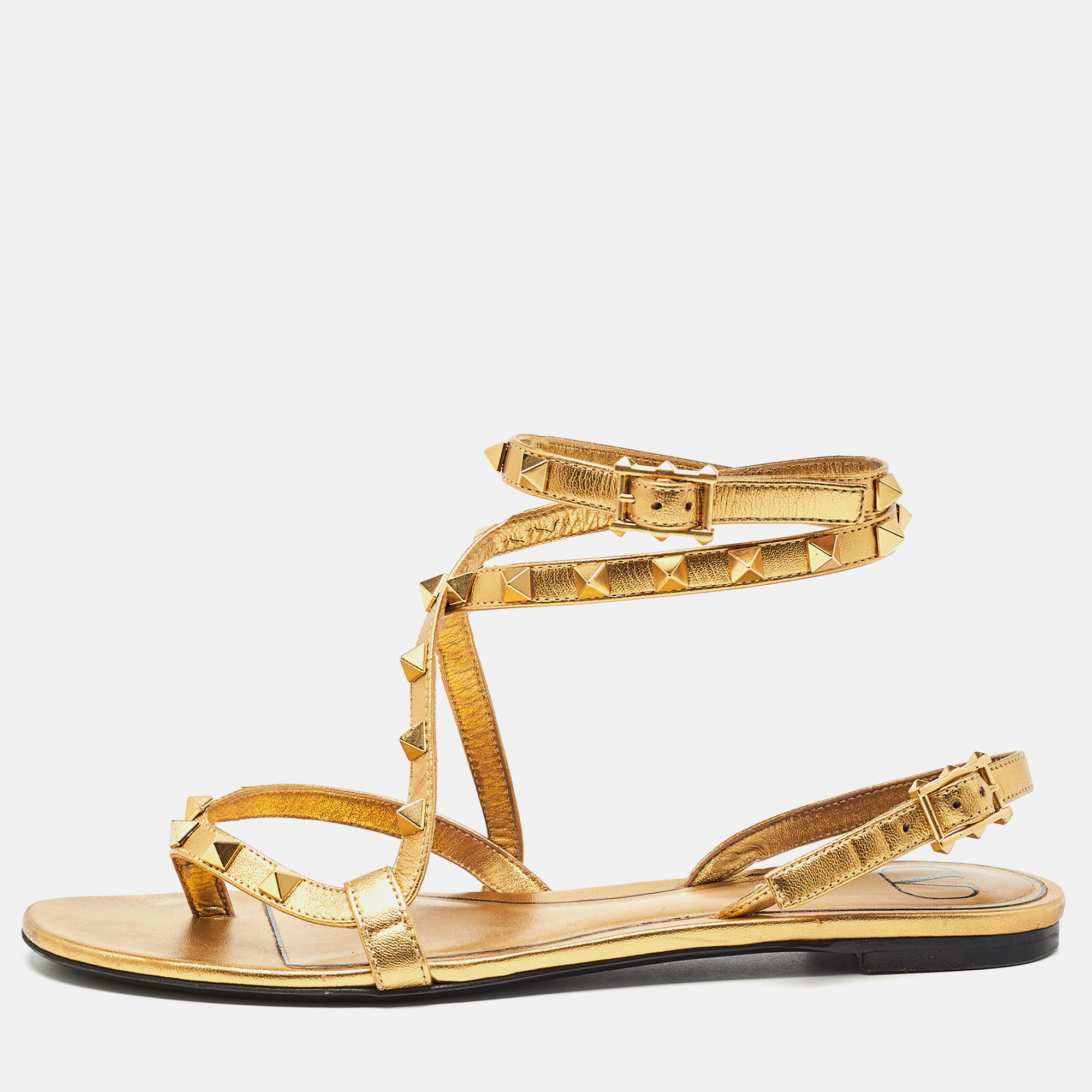 

Valentino Gold Leather Rockstud Ankle Strap Flat Sandals Size