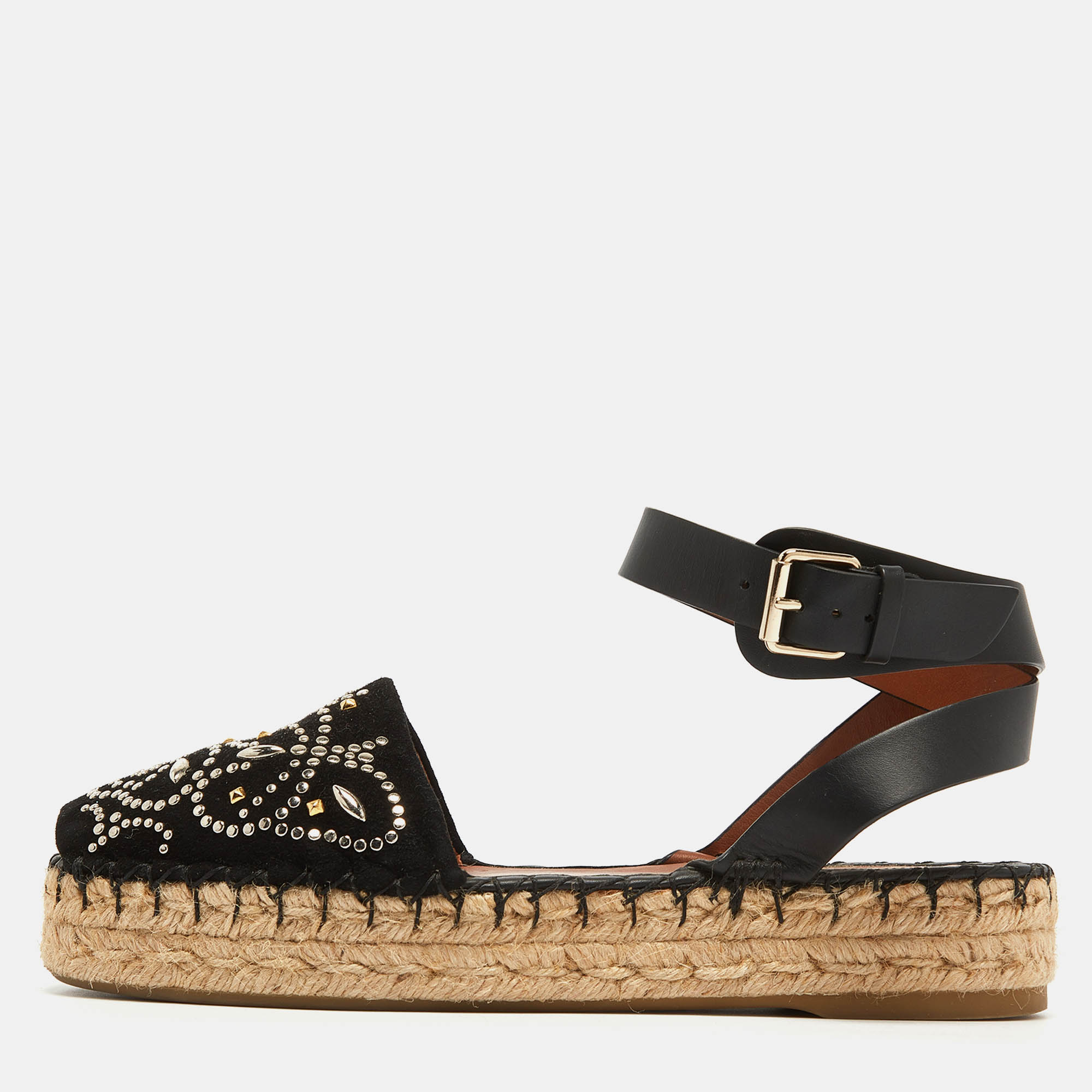 

Valentino Black Embellished Suede and Leather Ankle Wrap Espadrille Sandals Size
