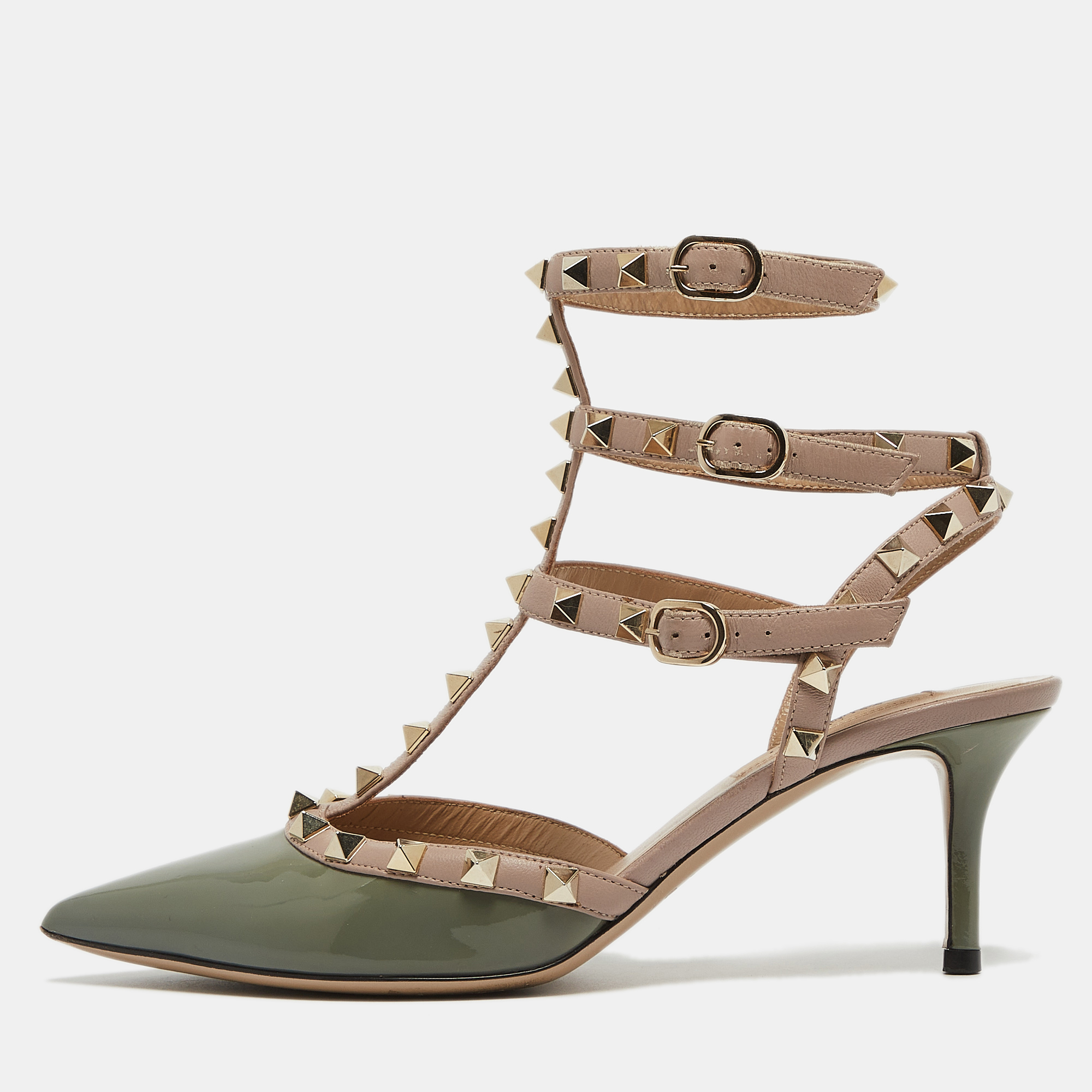 

Valentino Green/Beige Patent and Leather Rockstud Cage Pumps Size