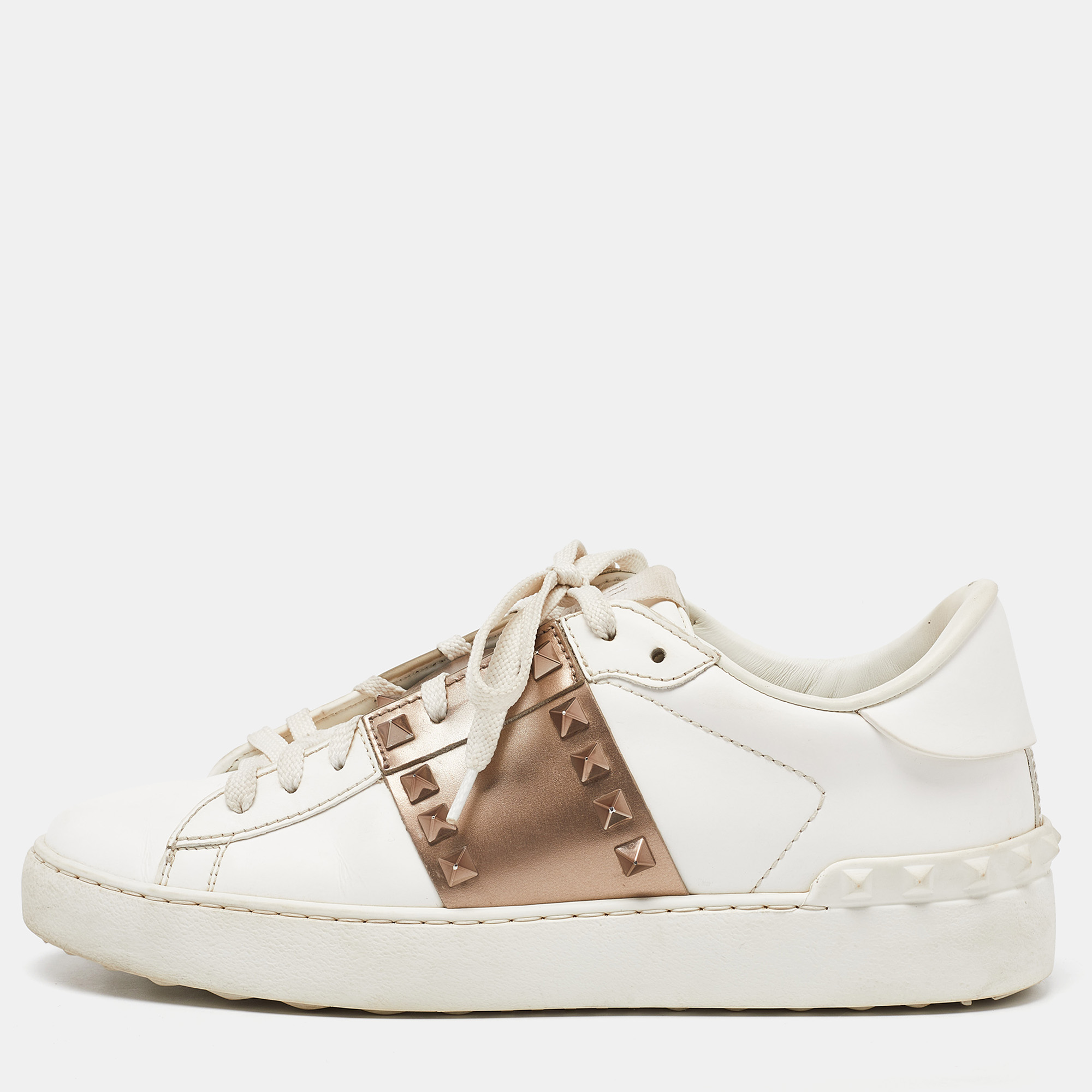 

Valentino White/Brown Leather Rockstud Low Top Sneakers Size
