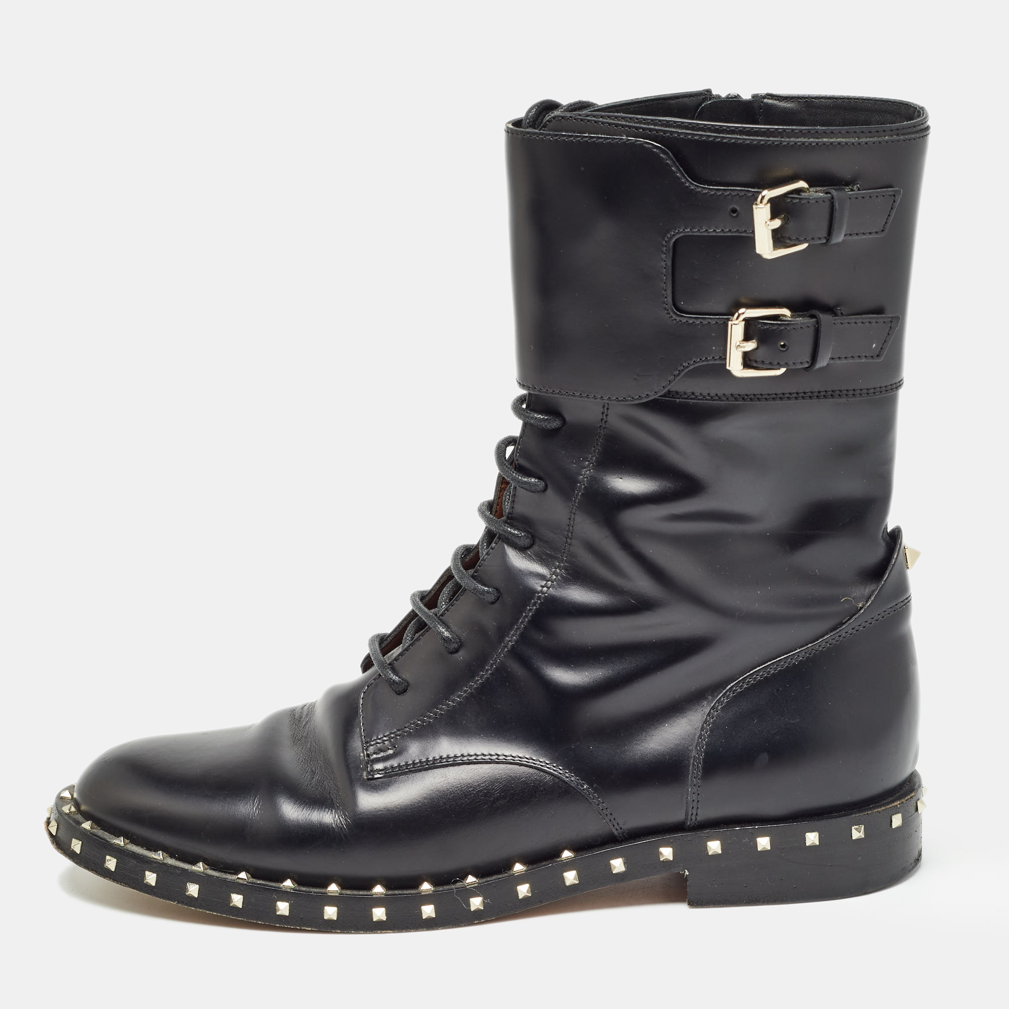 

Valentino Black Leather Studded Accents Combat Boots Size