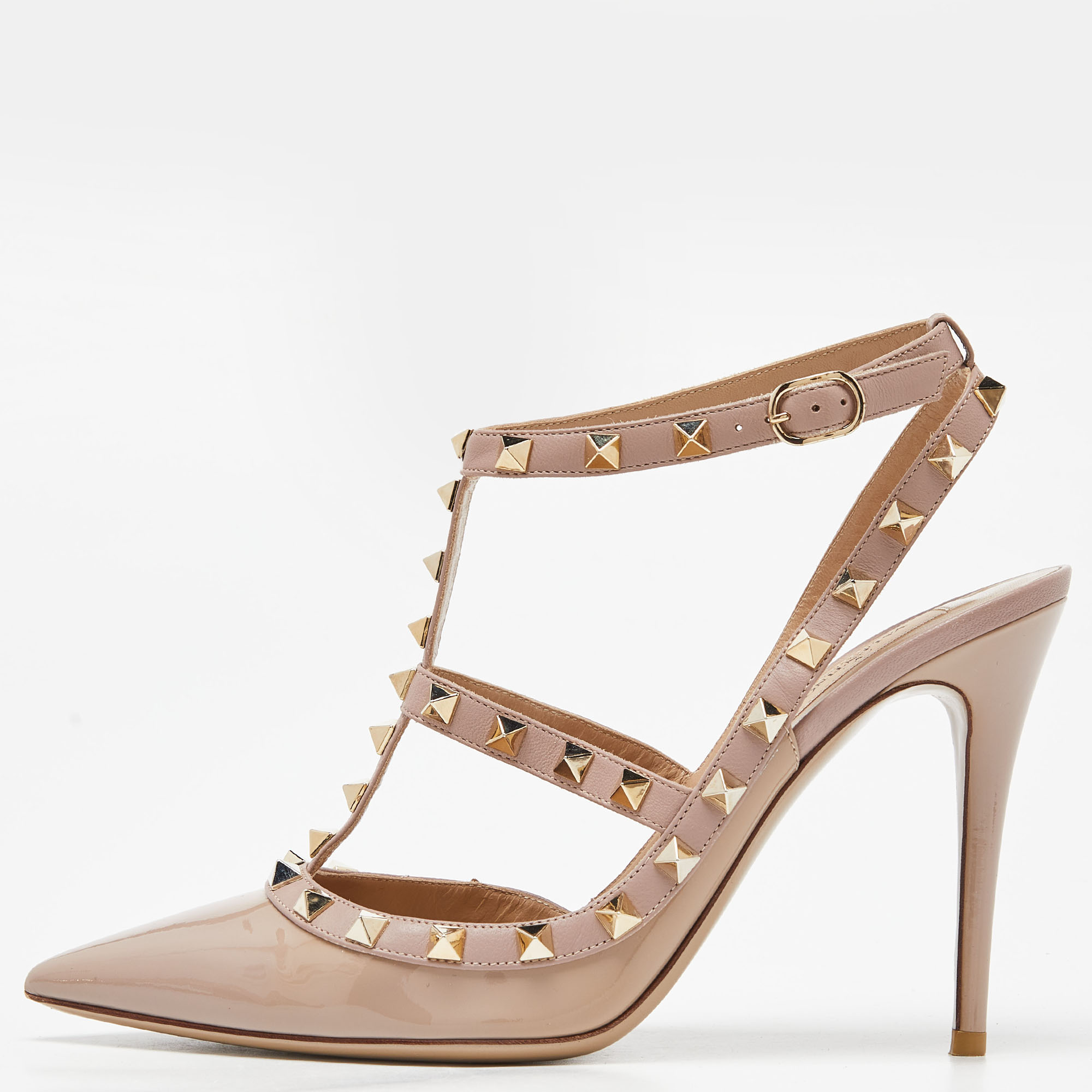 Pre-owned Valentino Garavani Beige/pink Leather And Patent Rockstud Ankle Strap Sandals Size 40.5