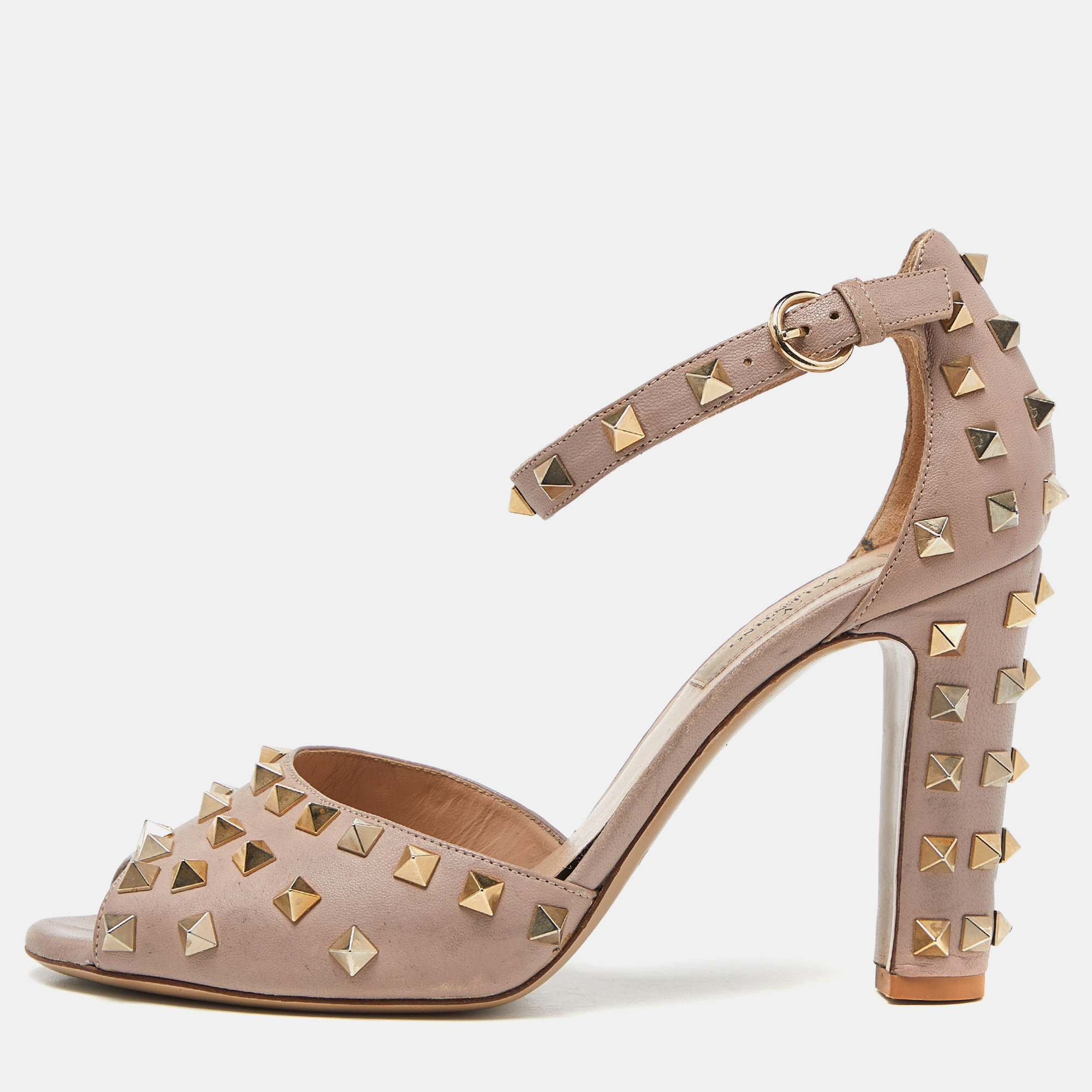 

Valentino Pink Leather Rockstud Peep Toe Block Heel Ankle Strap Sandals Size, Beige