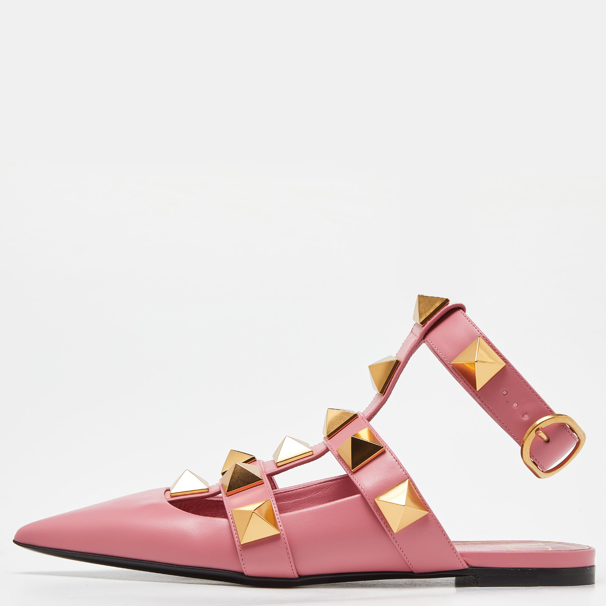 

Valentino Pink Leather Roman Stud Ankle Cuff Flat Sandals Size