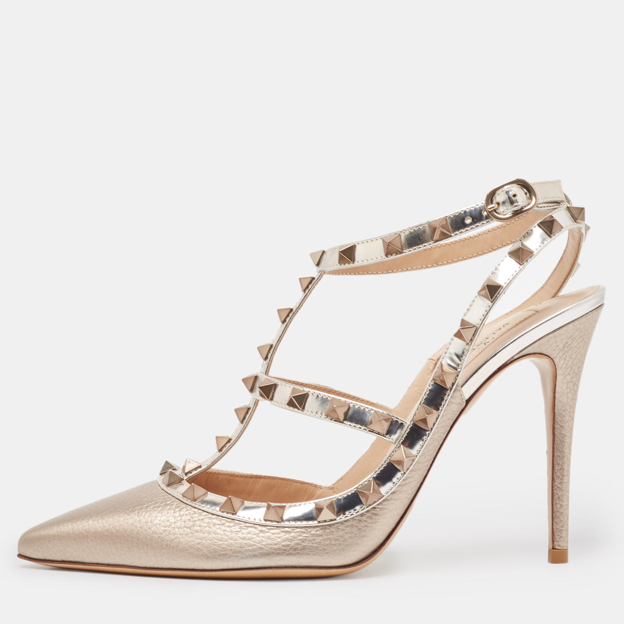 

Valentino Metallic Pink/Silver Leather Rockstud Ankle Strap Pumps Size