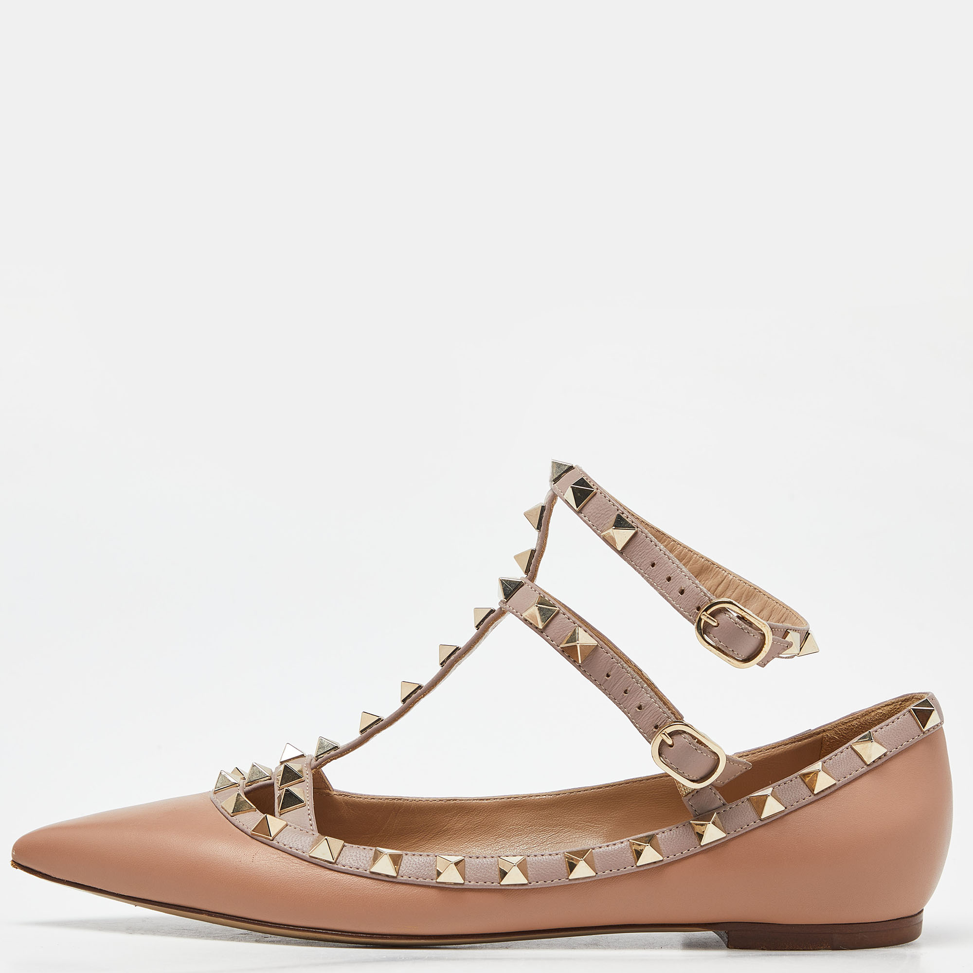

Valentino Dusty Pink Leather Rockstud Ankle Strap Ballet Flats Size