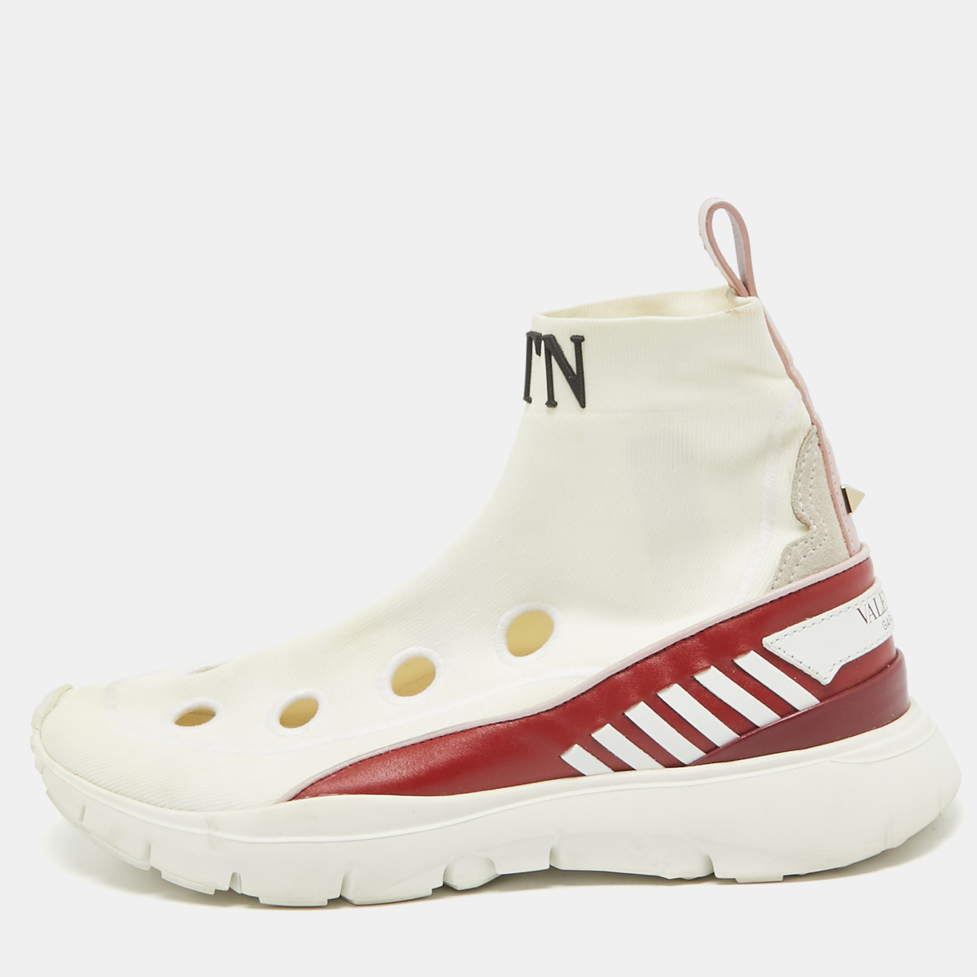 

Valentino White Stretch Fabric and Leather Cut Out Rockstud Sock High Top Sneaker Size