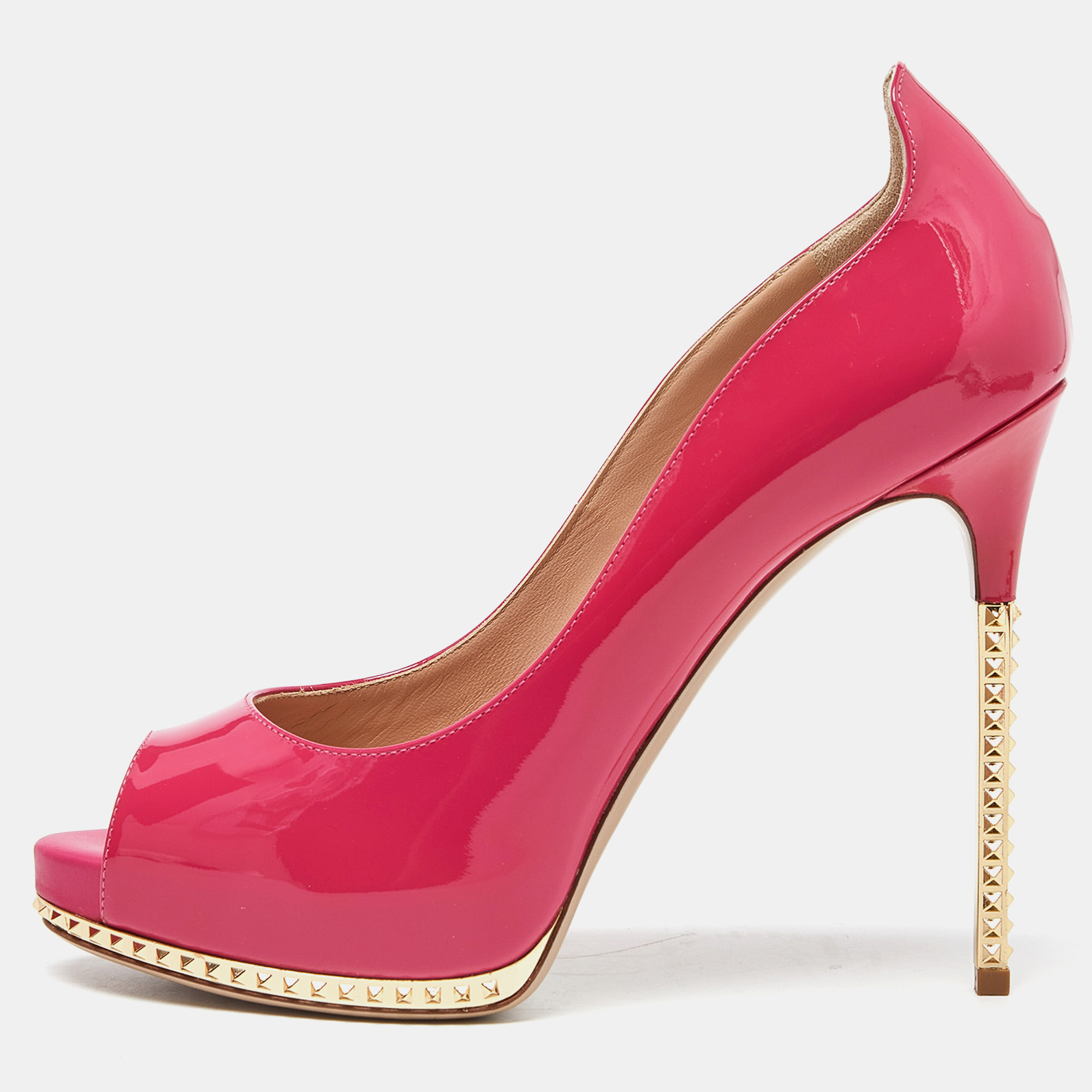 

Valentino Pink Patent Leather Studded Peep Toe Pumps Size