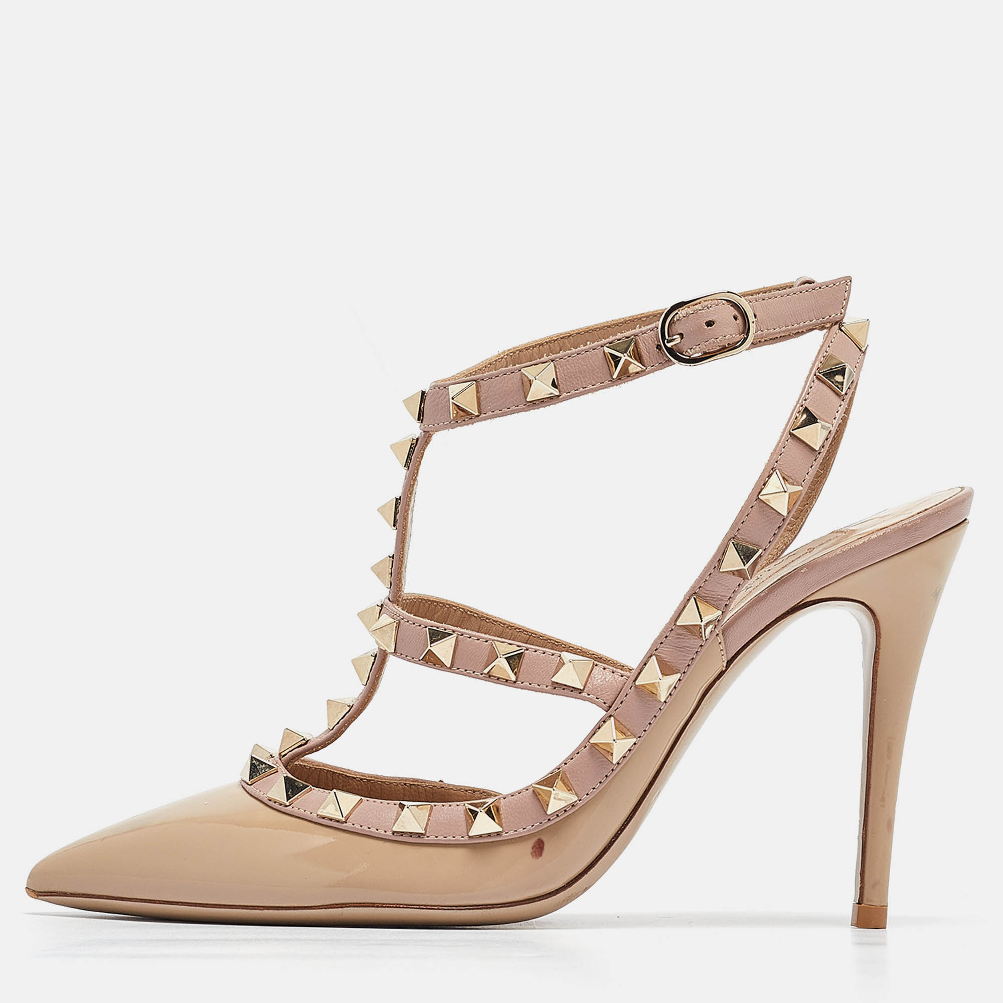 

Valentino Beige/Dusty Pink Patent and Leather Rockstud Ankle Strap Pumps Size