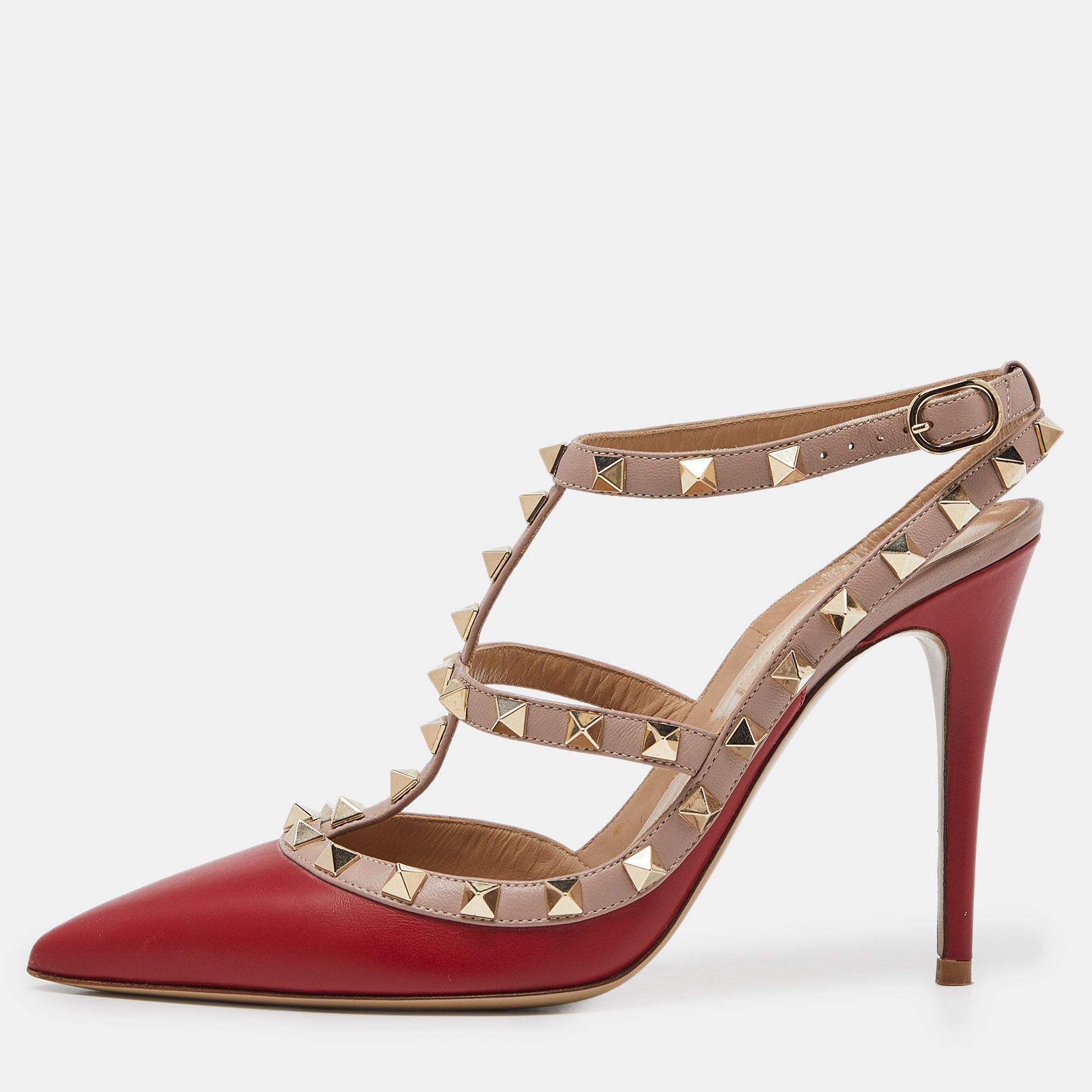 

Valentino Red/Pink Leather Rockstud Ankle Strap Cage Sandals Size
