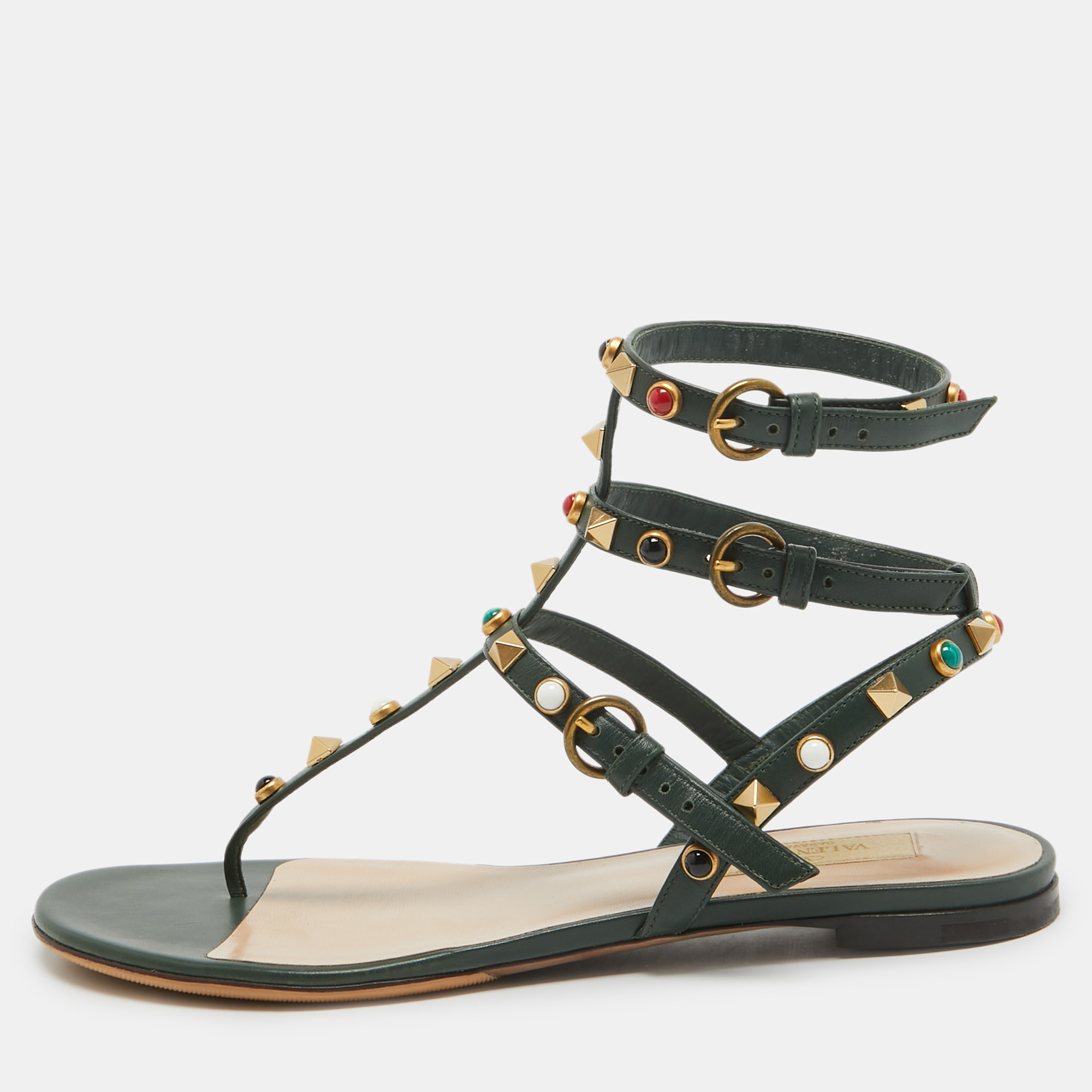 

Valentino Dark Green Leather Rolling Rockstud Flat Sandals Size