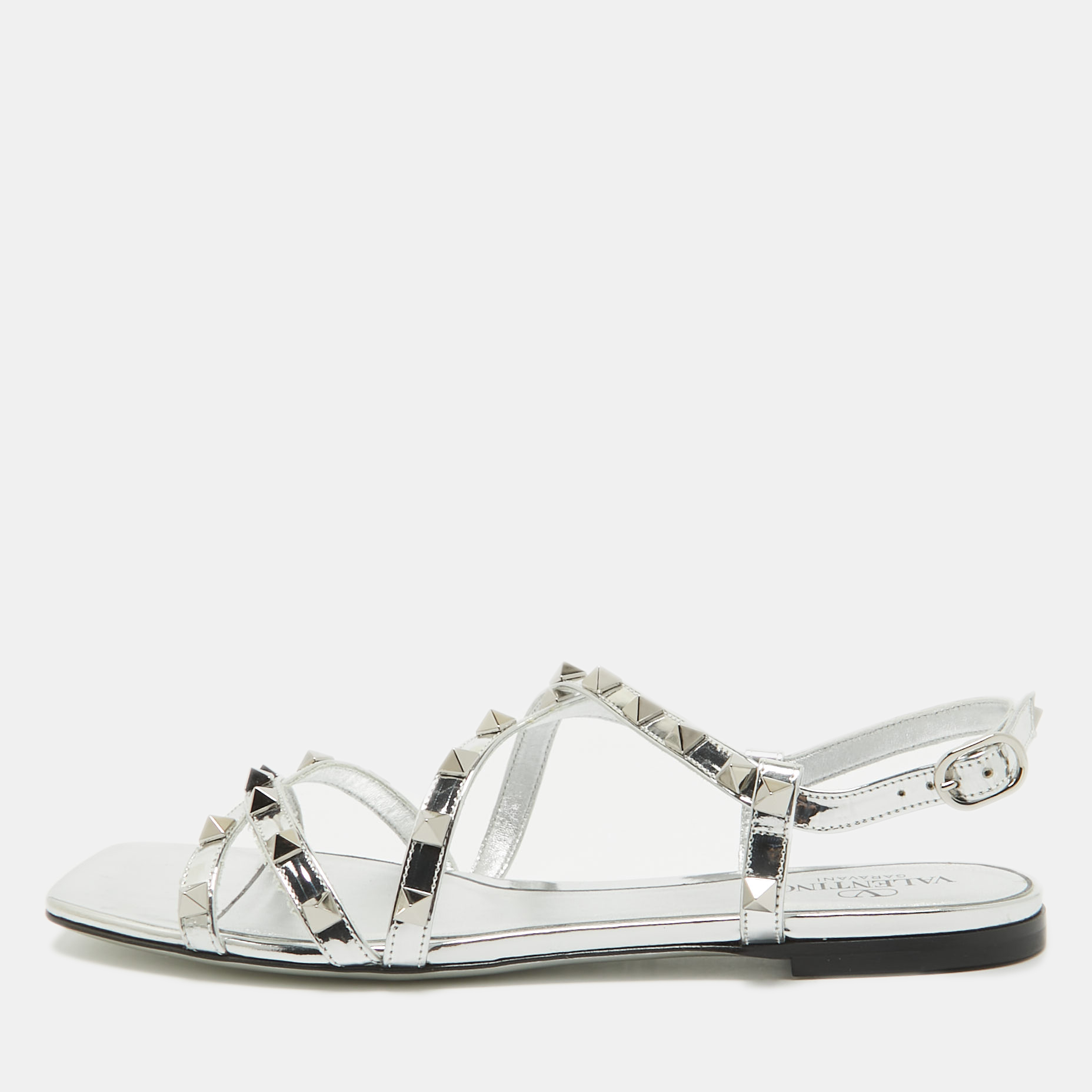 

Valentino Silver Leather Rockstud Flat Sandals Size