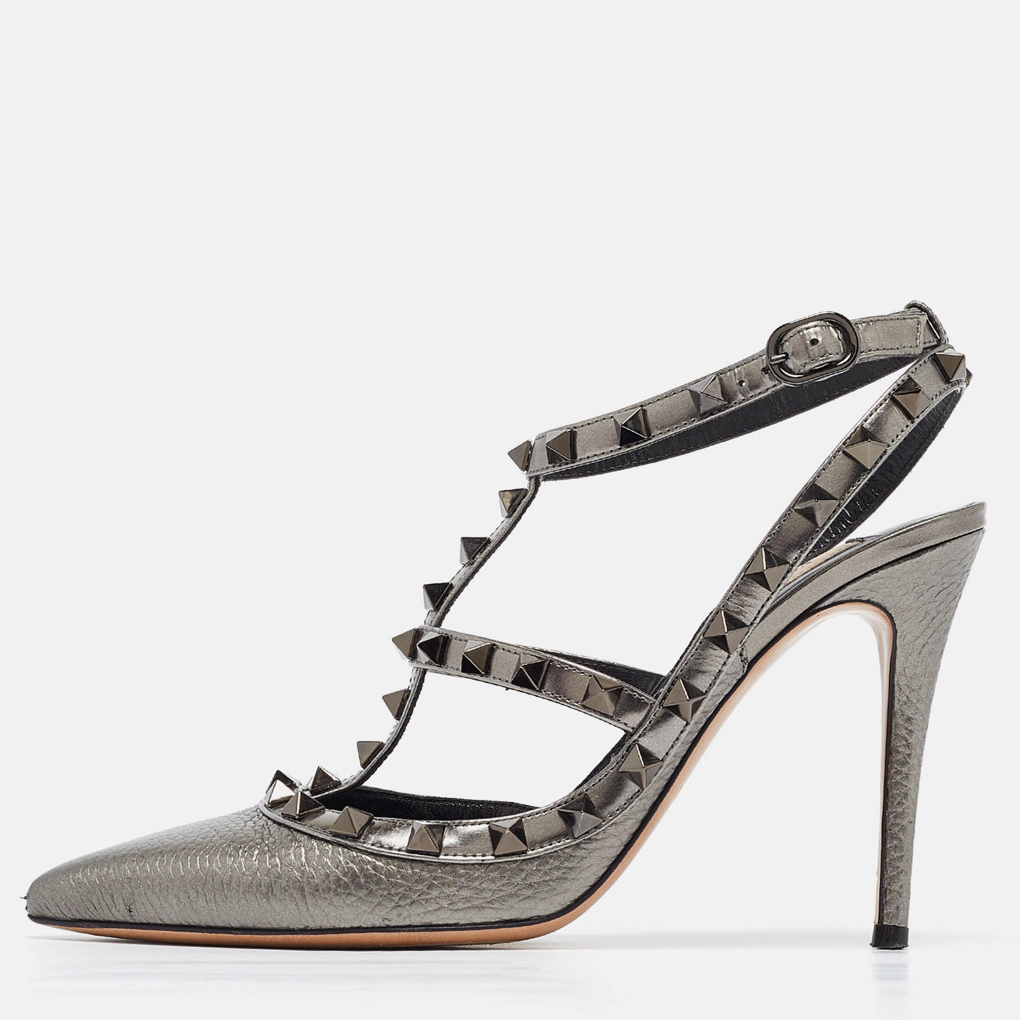 

Valentino Grey Leather Rockstud Strappy Pointed Toe Pumps Size