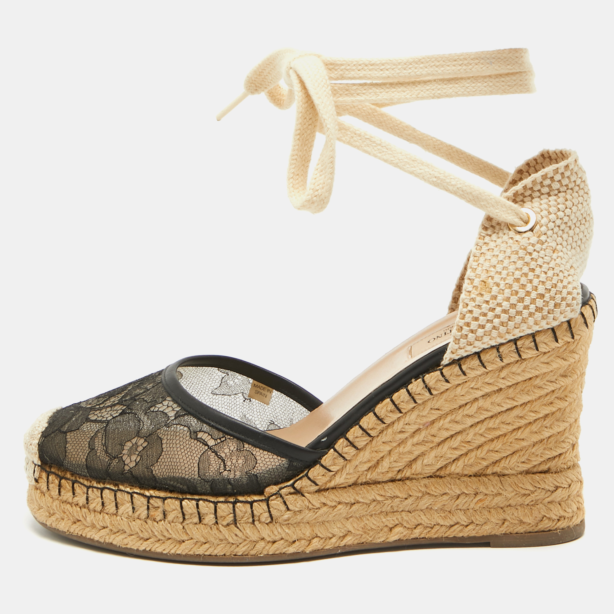 

Valentino Black/Beige Lace and Canvas Espadrille Wedge Ankle Tie Sandals Size
