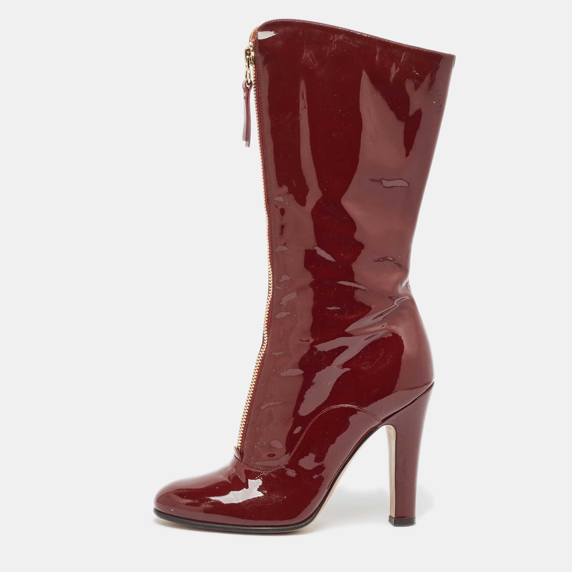 Pre-owned Valentino Garavani Burgundy Patent Leather Zip Detail Mid Calf Boots Size 40