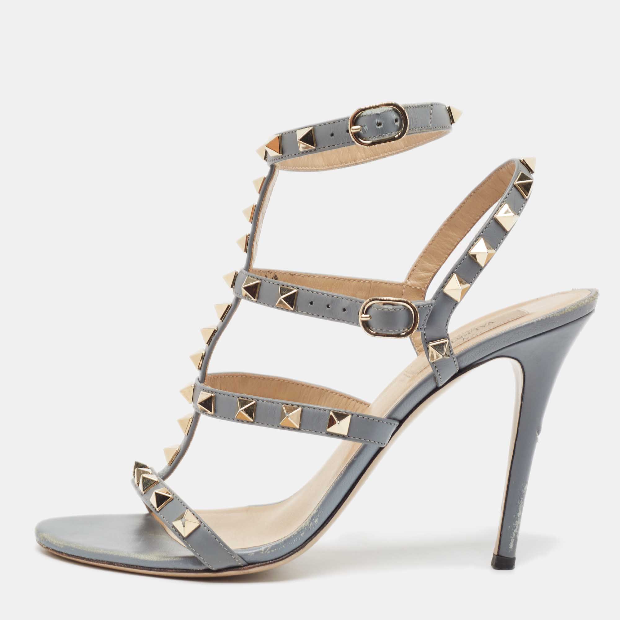 

Valentino Grey Leather Rockstud Ankle Strap Sandals Size
