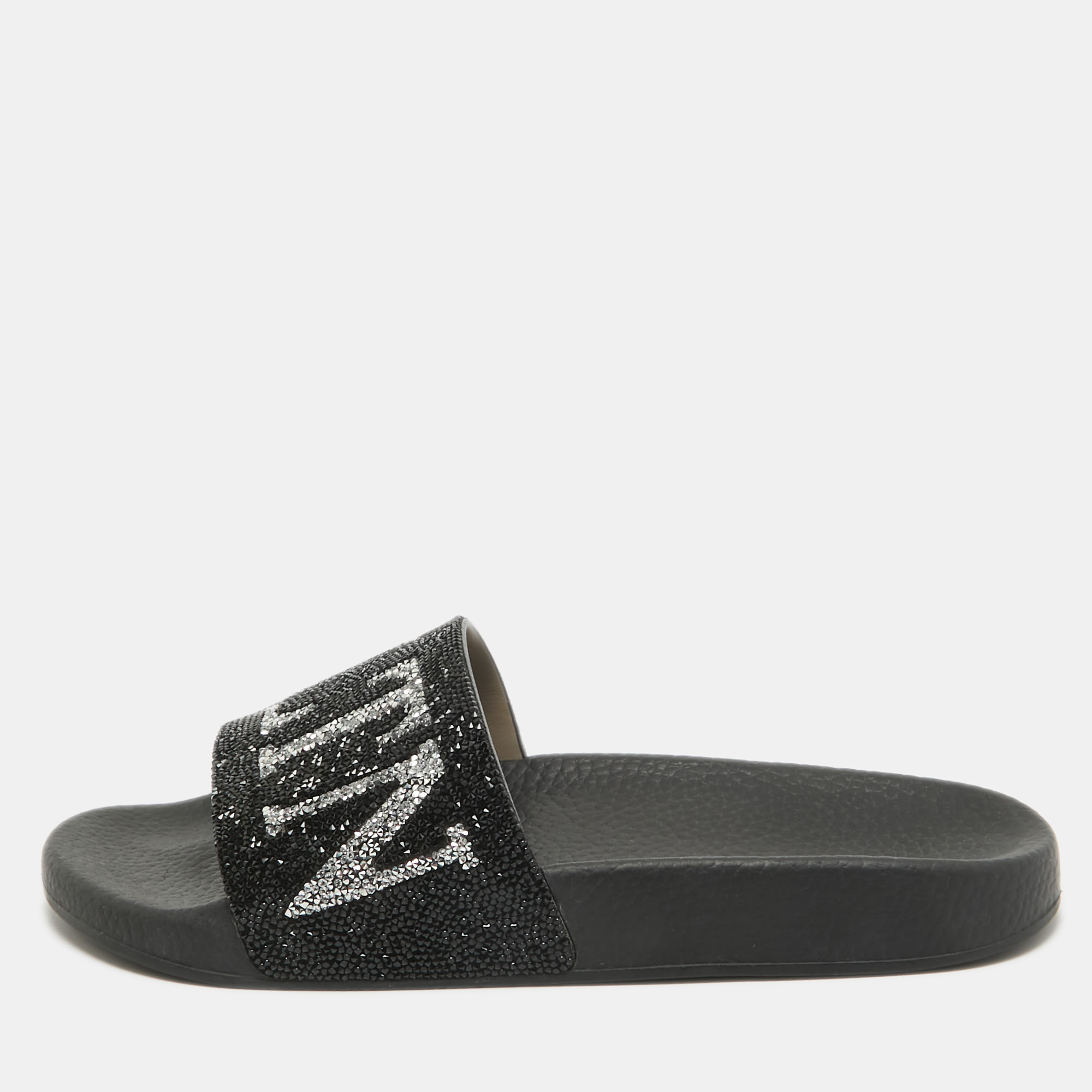 

Valentino Black Leather Crystal Embellished Flat Slides Size