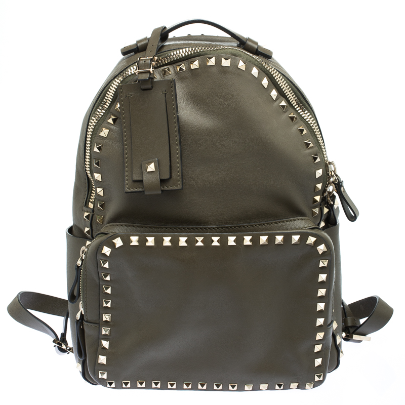 Valentino Olive Green Leather Medium Rockstud Backpack