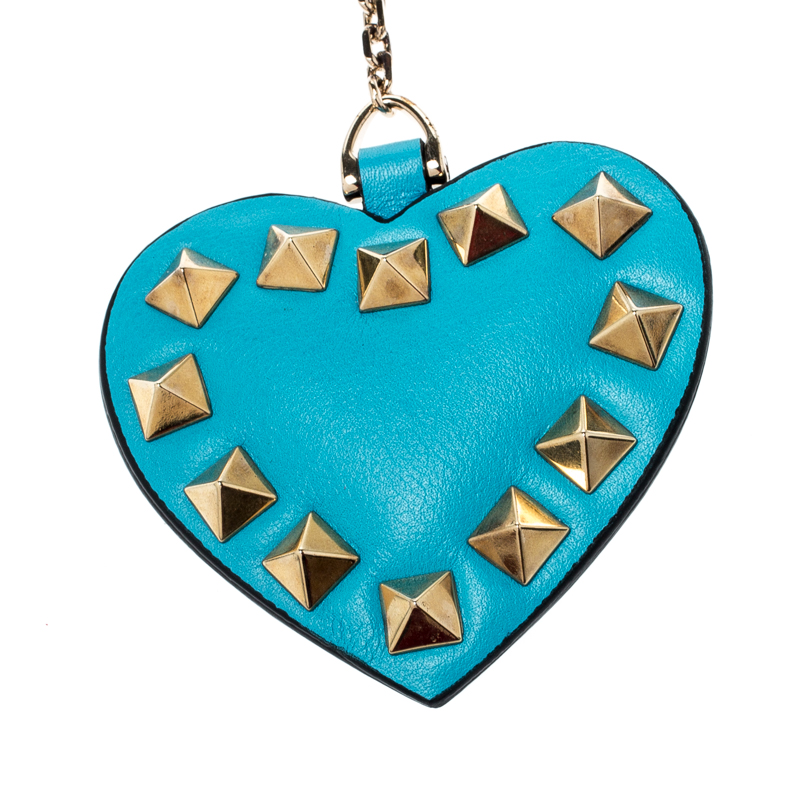 

Valentino Blue Rockstud Heart Gold Tone Keychain