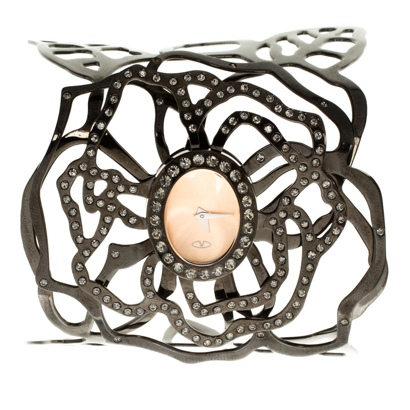 Valentino Peach Stainless Steel Crystal Embellished Rose Women's Wristwatch 20 mm 