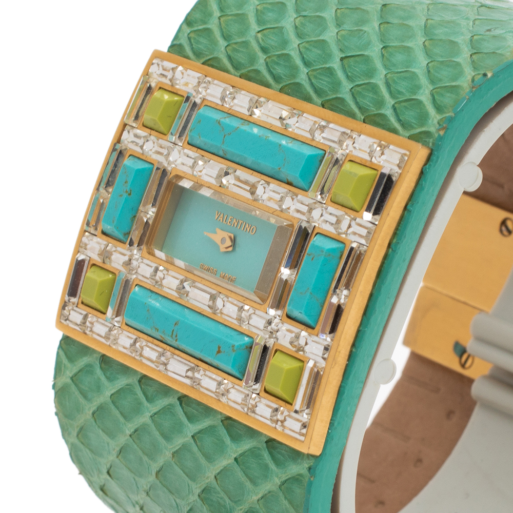

Valentino Aqua Green Gold Tone Stainless Steel Swarovski Crystal Python Leather Women's Wristwatch