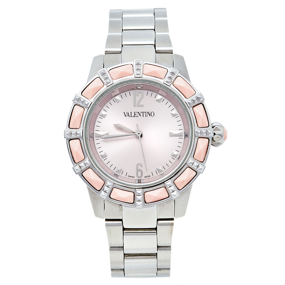 Pre-owned Valentino Garavani Pink Stainless Steel Coral Eden V54 Women's Wristwatch 38 Mm