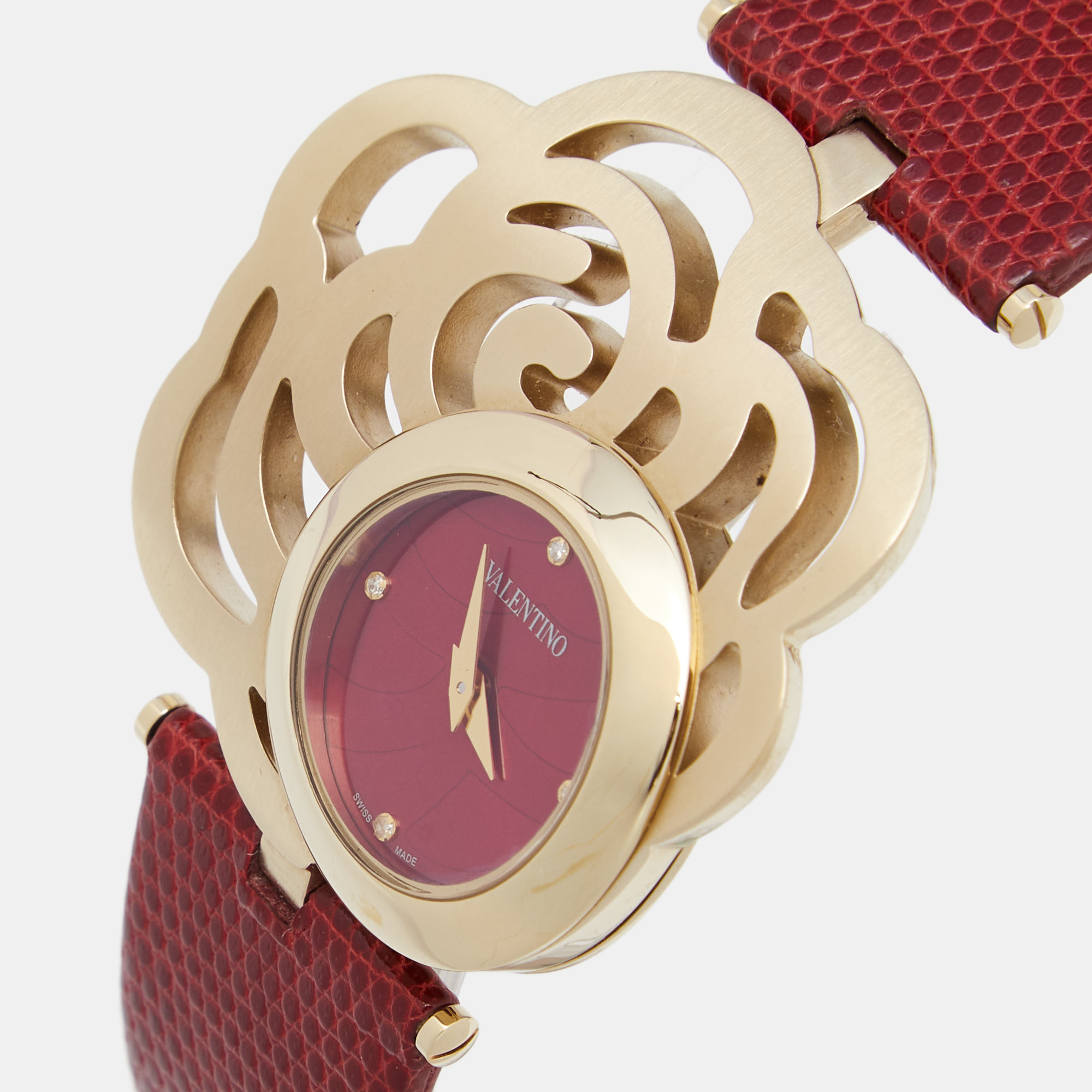 

Valentino Red Gold Plated Stainless Steel Lizard Skin Leather Rosier Baselworld V55 Women's Wristwatch