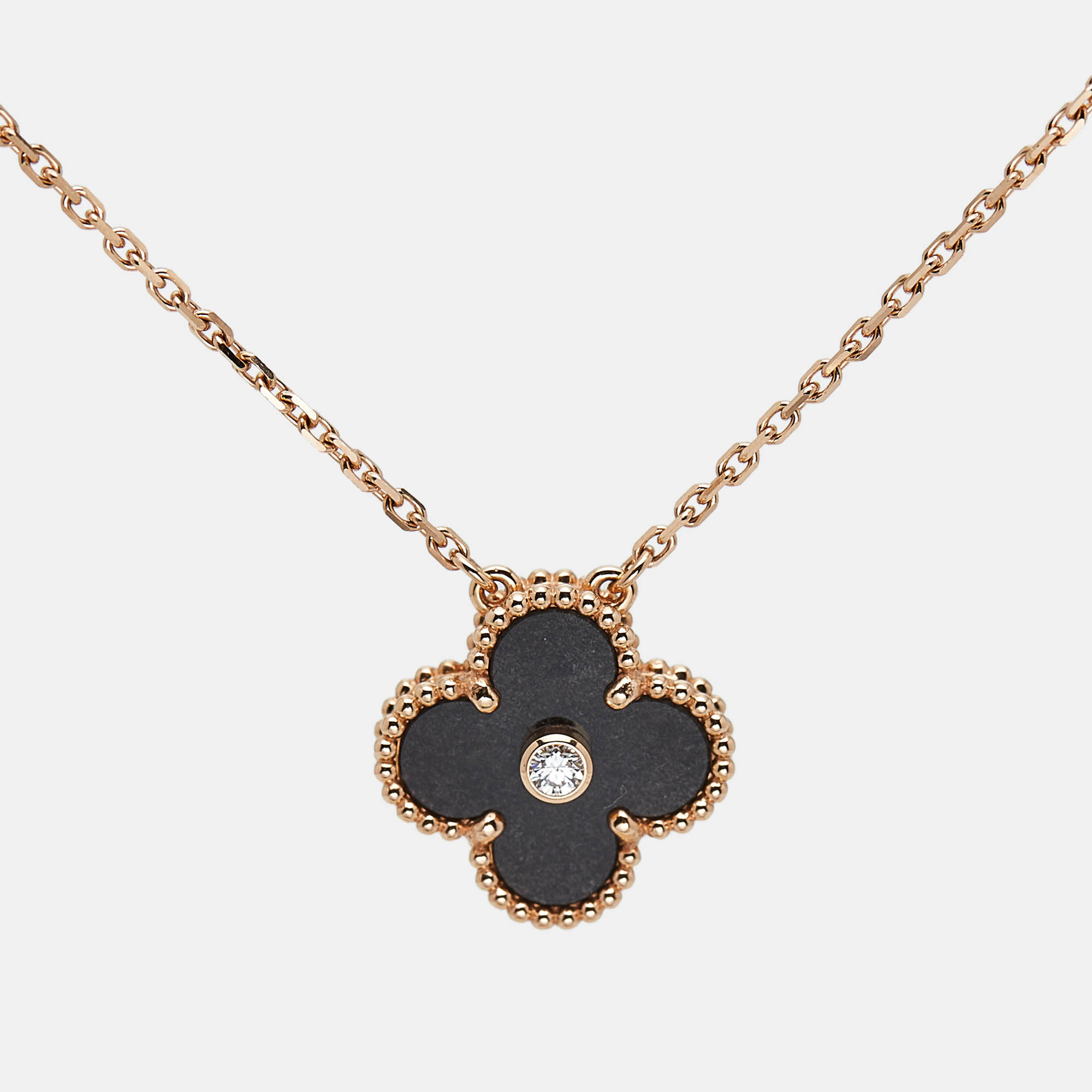 

Van Cleef & Arpels Vintage Alhambra 2023 Holiday Limited Obsidian Diamond 18k Rose Gold Necklace