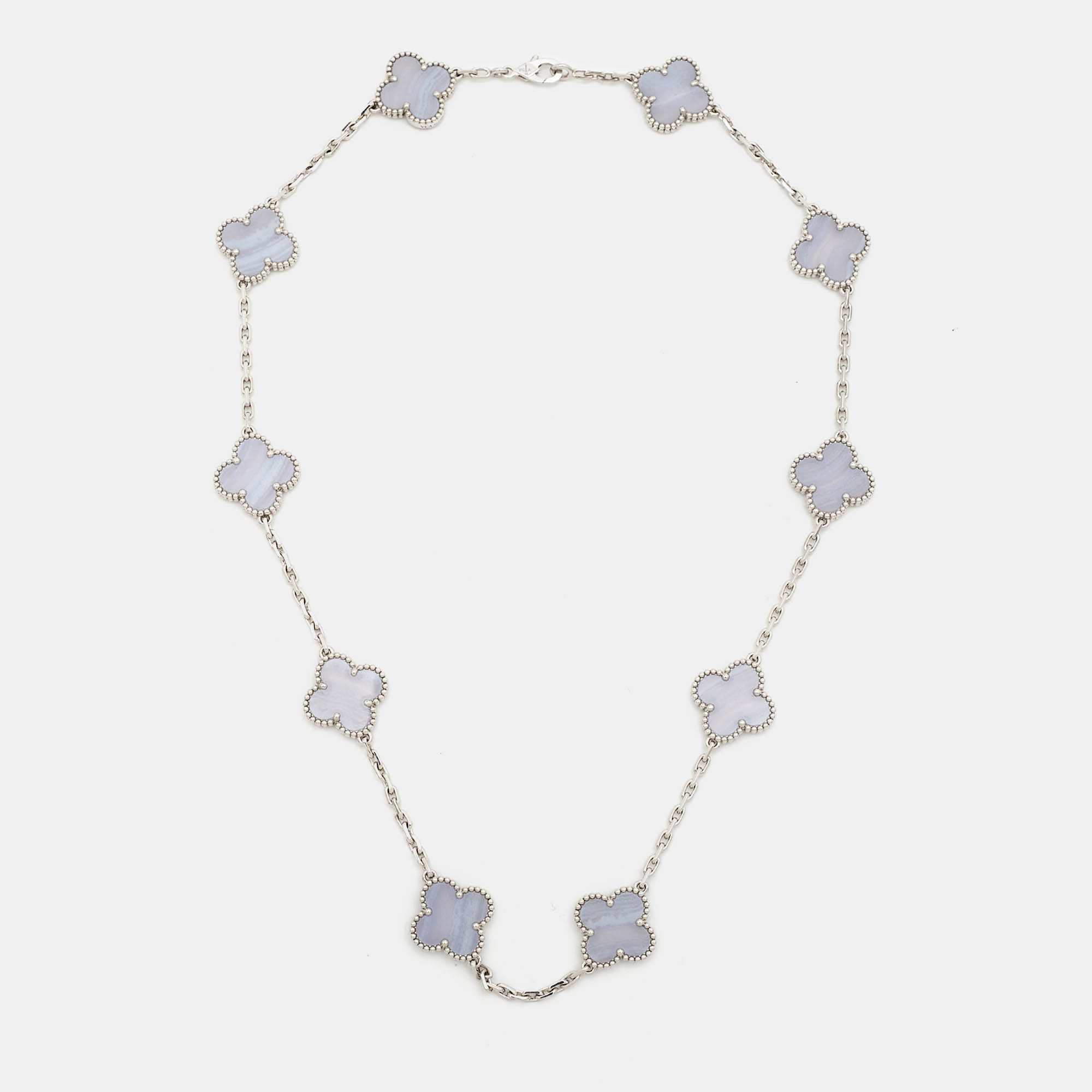 

Van Cleef & Arpels Vintage Alhambra Chalcedony 18k White Gold 10 Motif Station Necklace