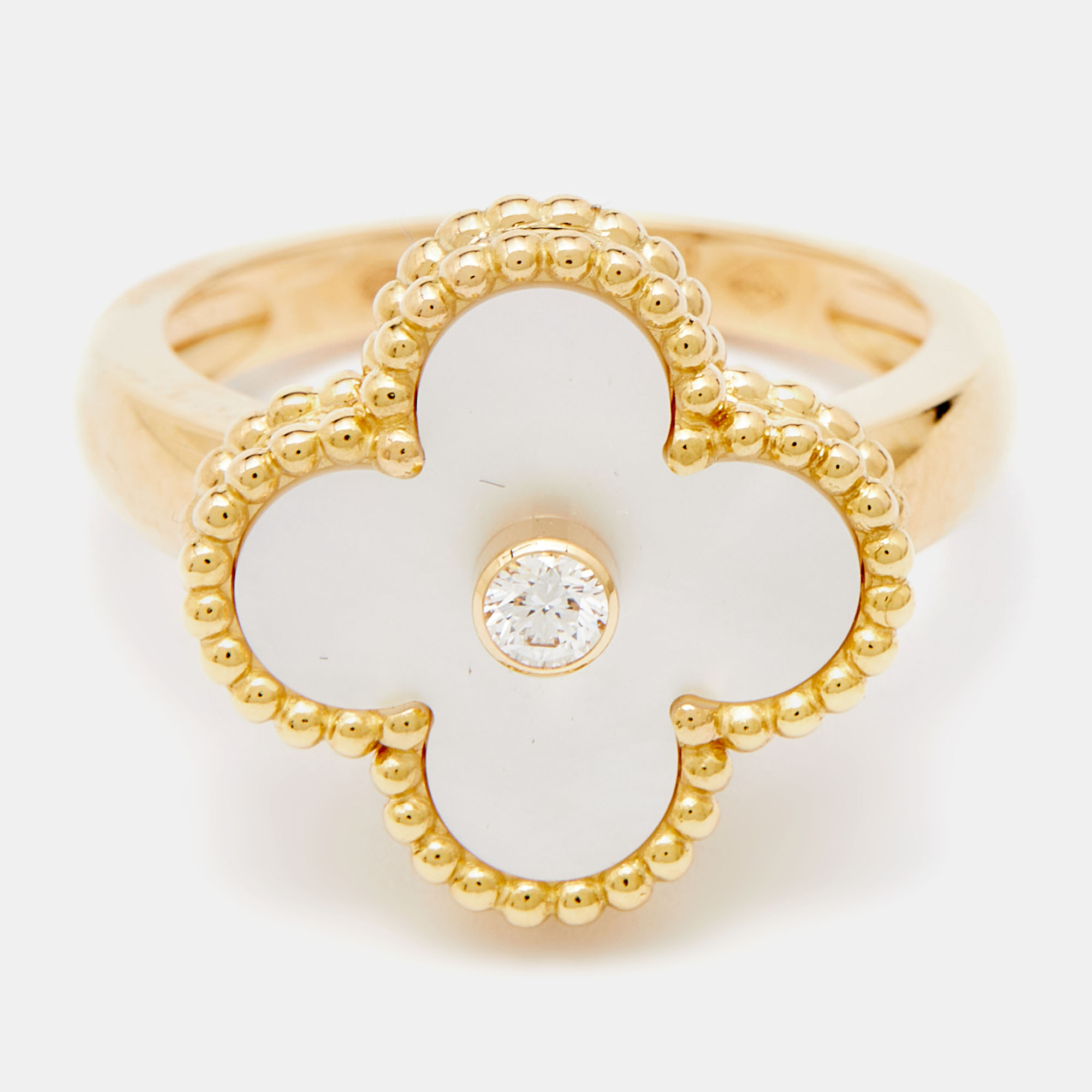 

Van Cleef & Arpels Vintage Alhambra Mother of Pearl Diamond 18k Yellow Gold Ring Size
