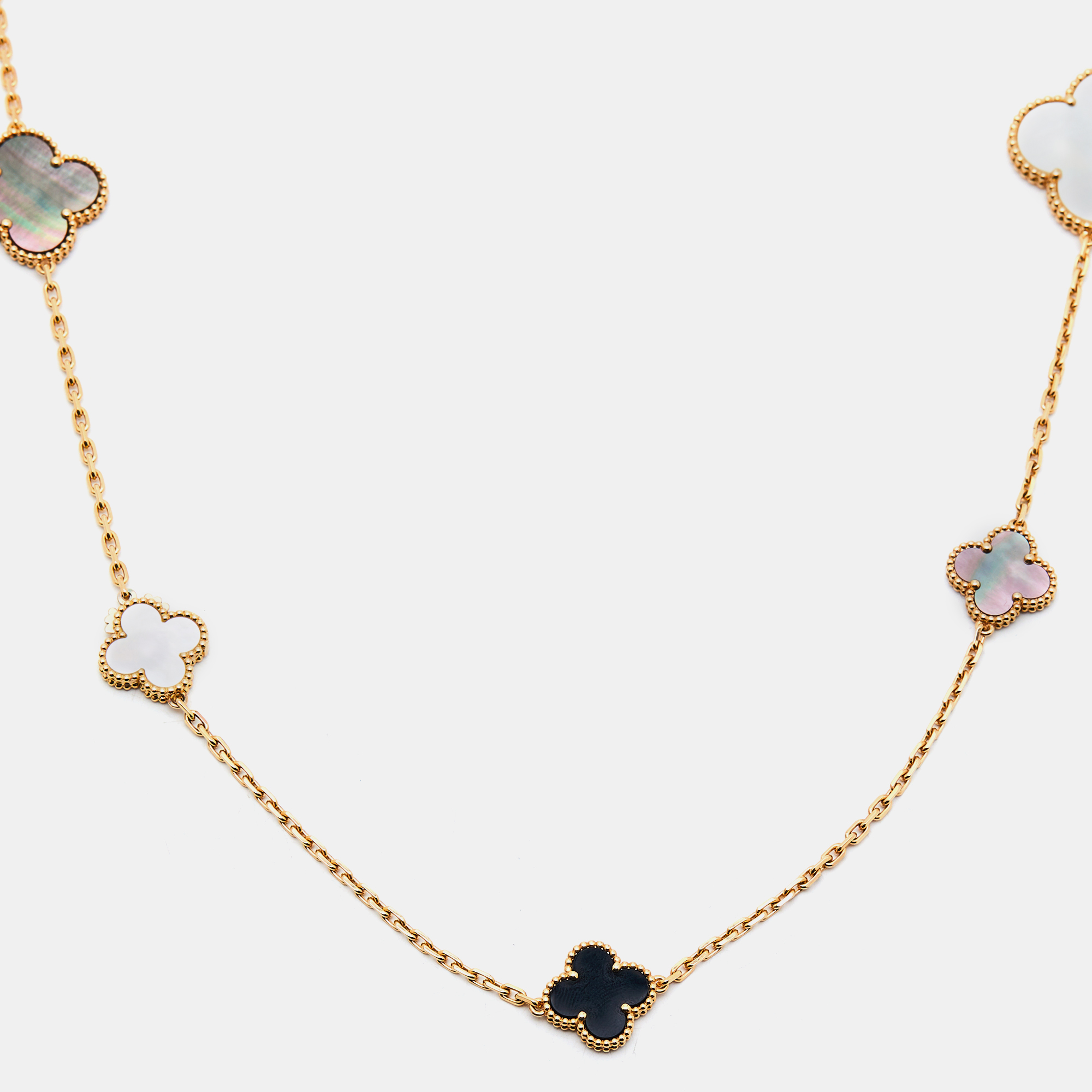 

Van Cleef & Arpels Magic Alhambra Mother of Pearl Onyx 18k Yellow Gold Station Necklace