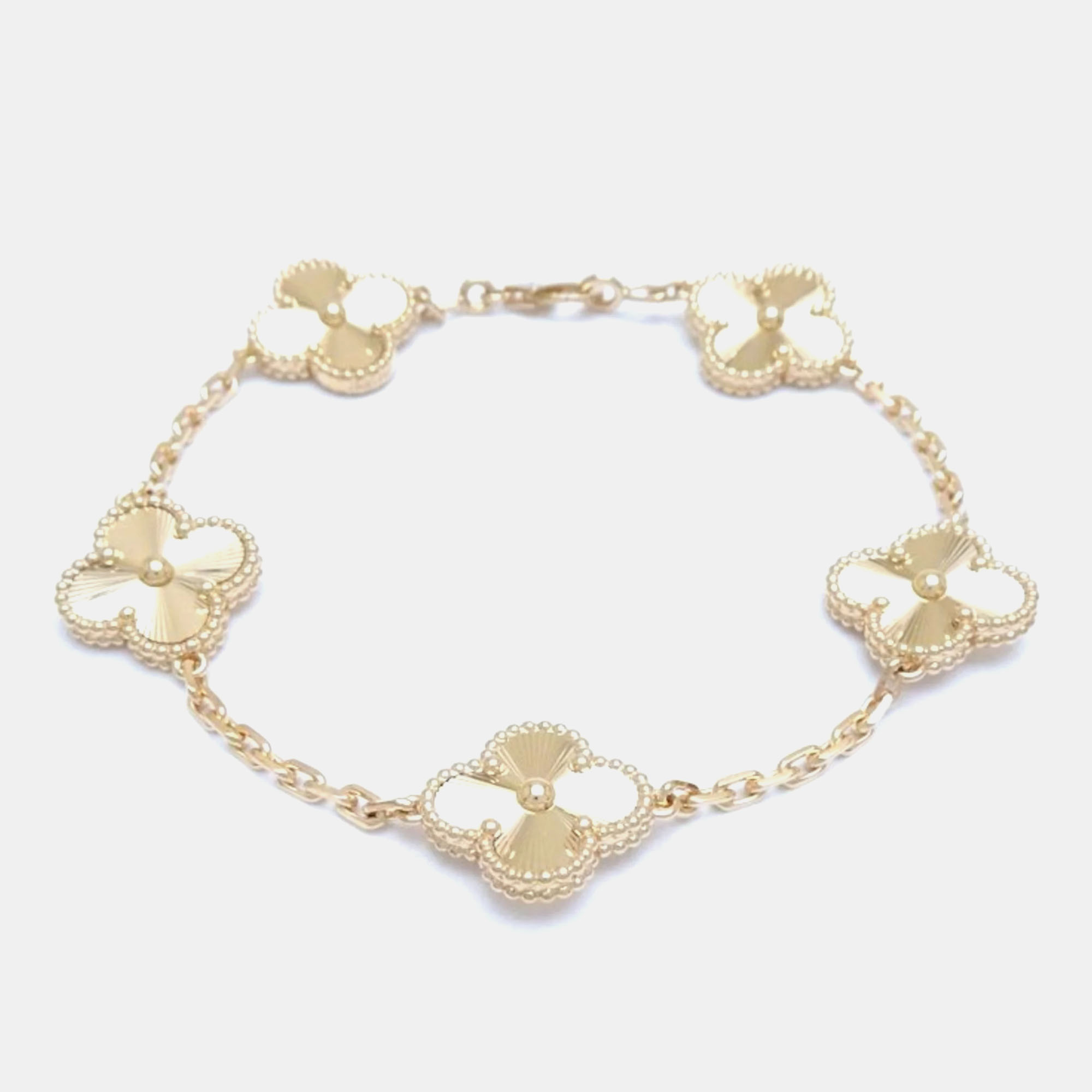 

Van Cleef & Arpels 18K Yellow Gold Vintage Alhambra 5 Motif Guilloché Bracelet