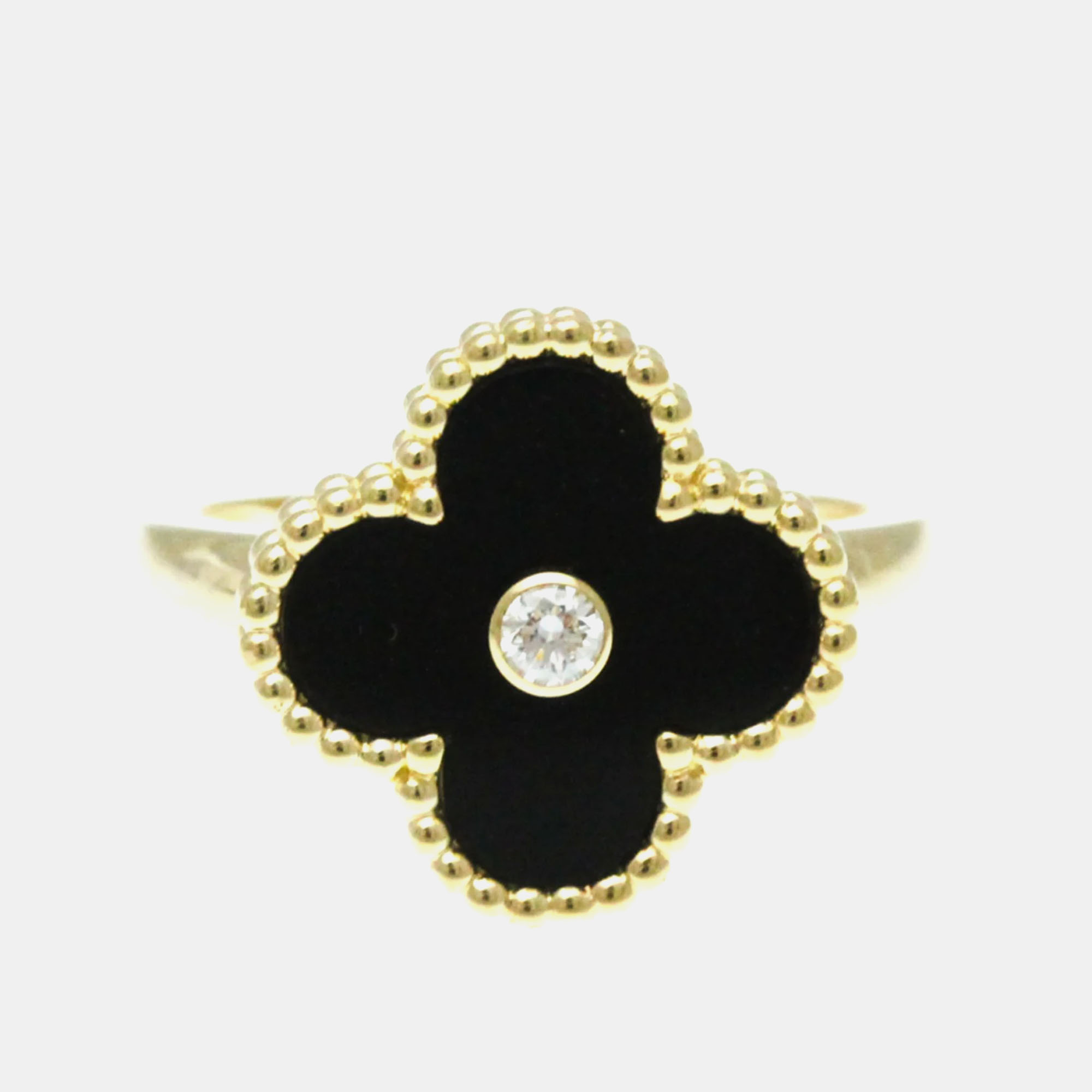 

Van Cleef & Arpels 18K Yellow Gold, Diamond and Onyx Vintage Alhambra Ring EU 52