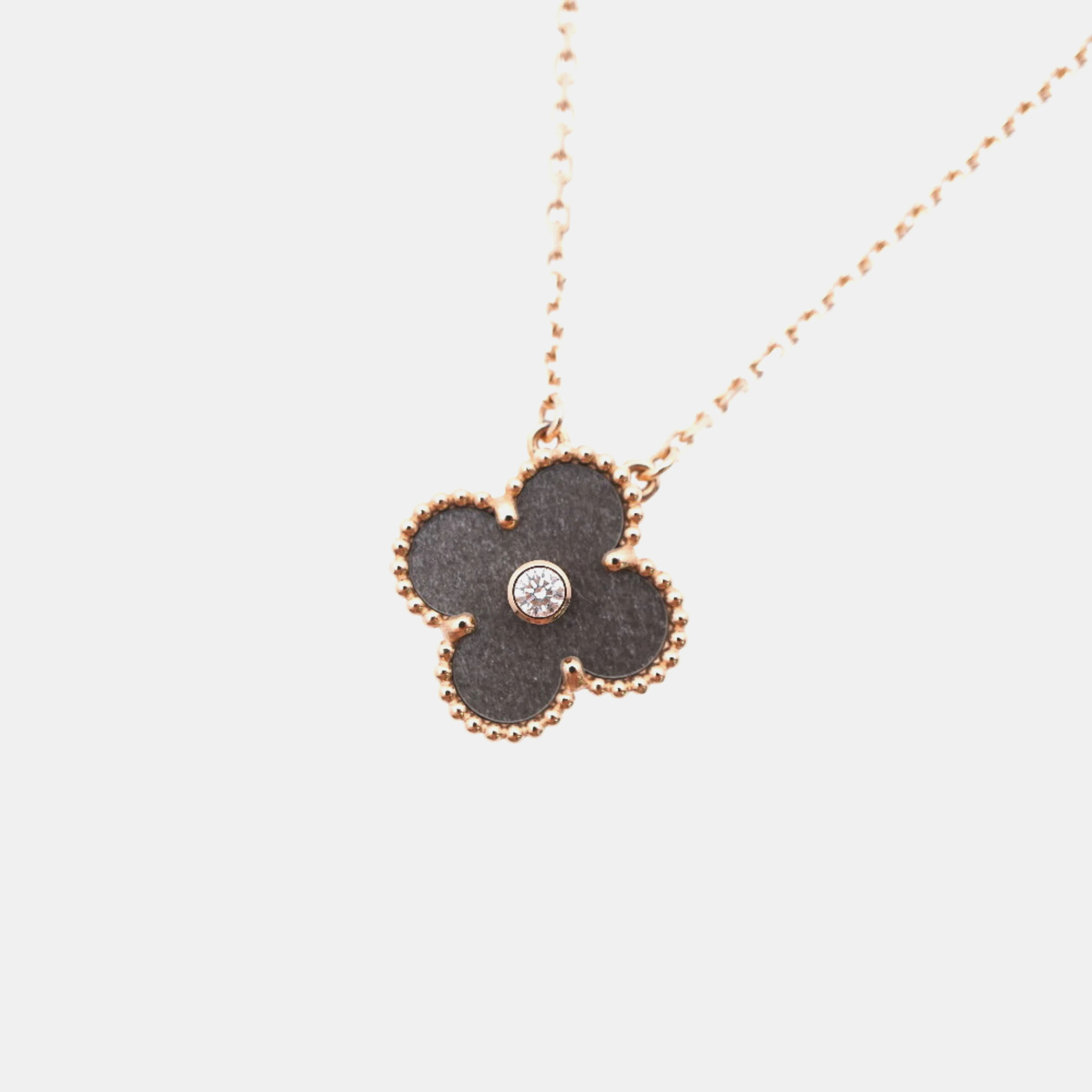 

Van Cleef & Arpels 18K Rose Gold, Diamond and Obsidian Vintage Alhambra Pendant Necklace