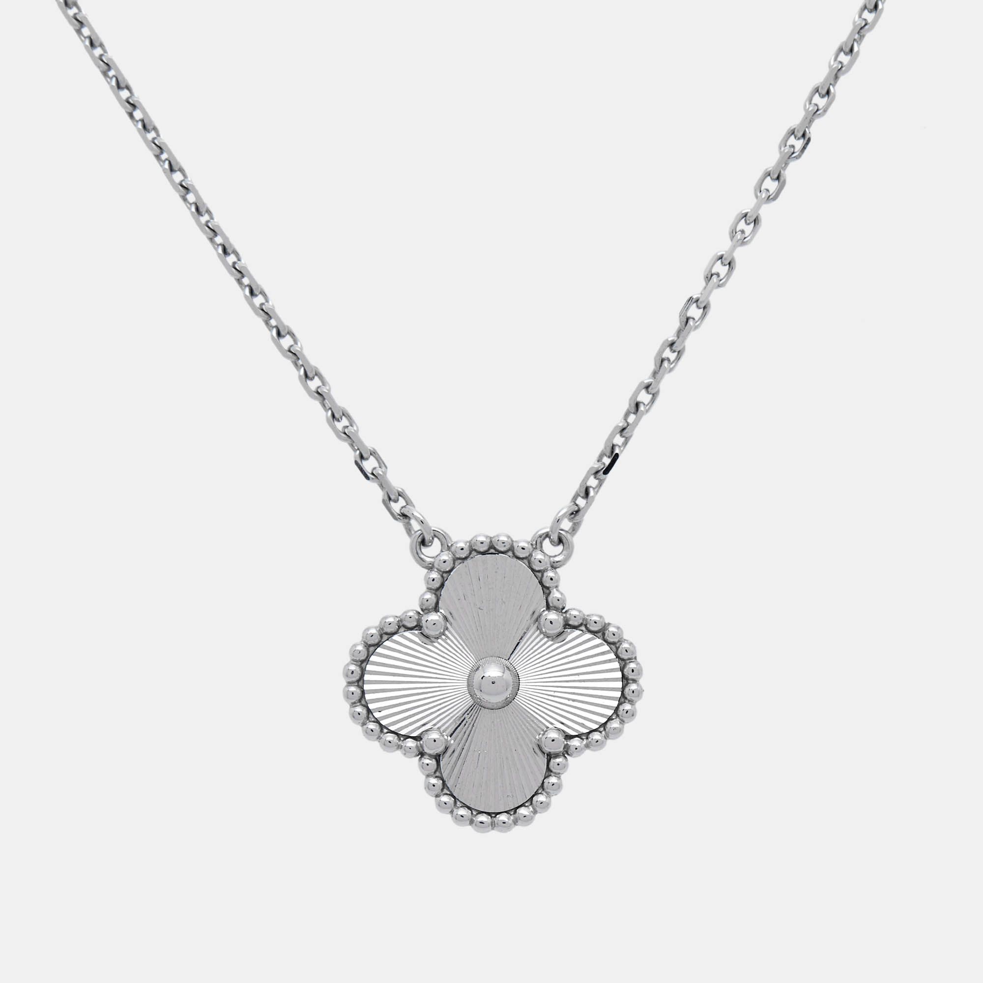 

Van Cleef & Arpels Vintage Alhambra Guilloché Rhodium Plated 18K White Gold Pendant Necklace