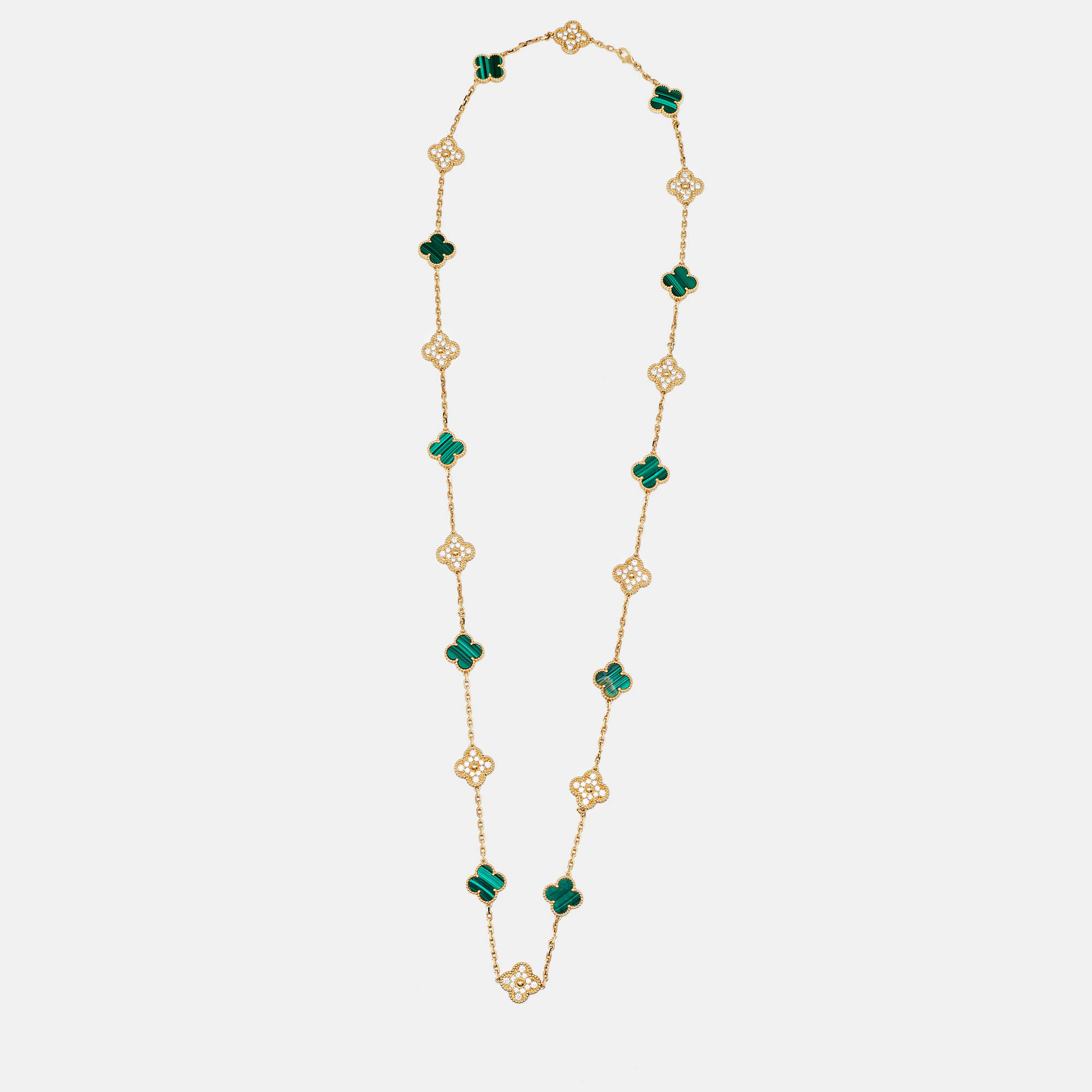 

Van Cleef & Arpels Vintage Alhambra 20 Motif Malachite Diamonds 18K Yellow Gold Station Necklace