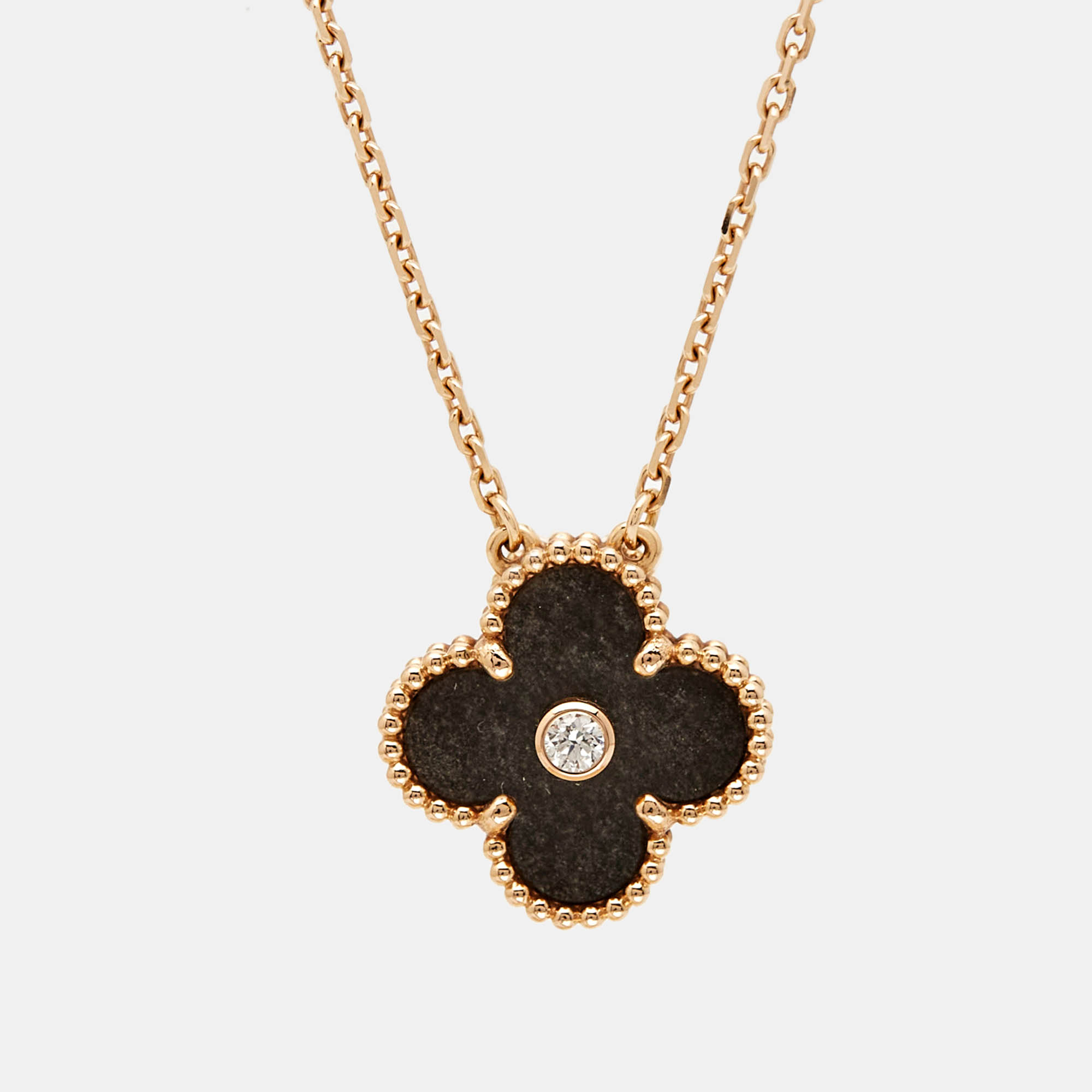 

Van Cleef & Arpels Vintage Alhambra 2023 Holiday Limited Obsidian Diamond 18k Rose Gold Necklace