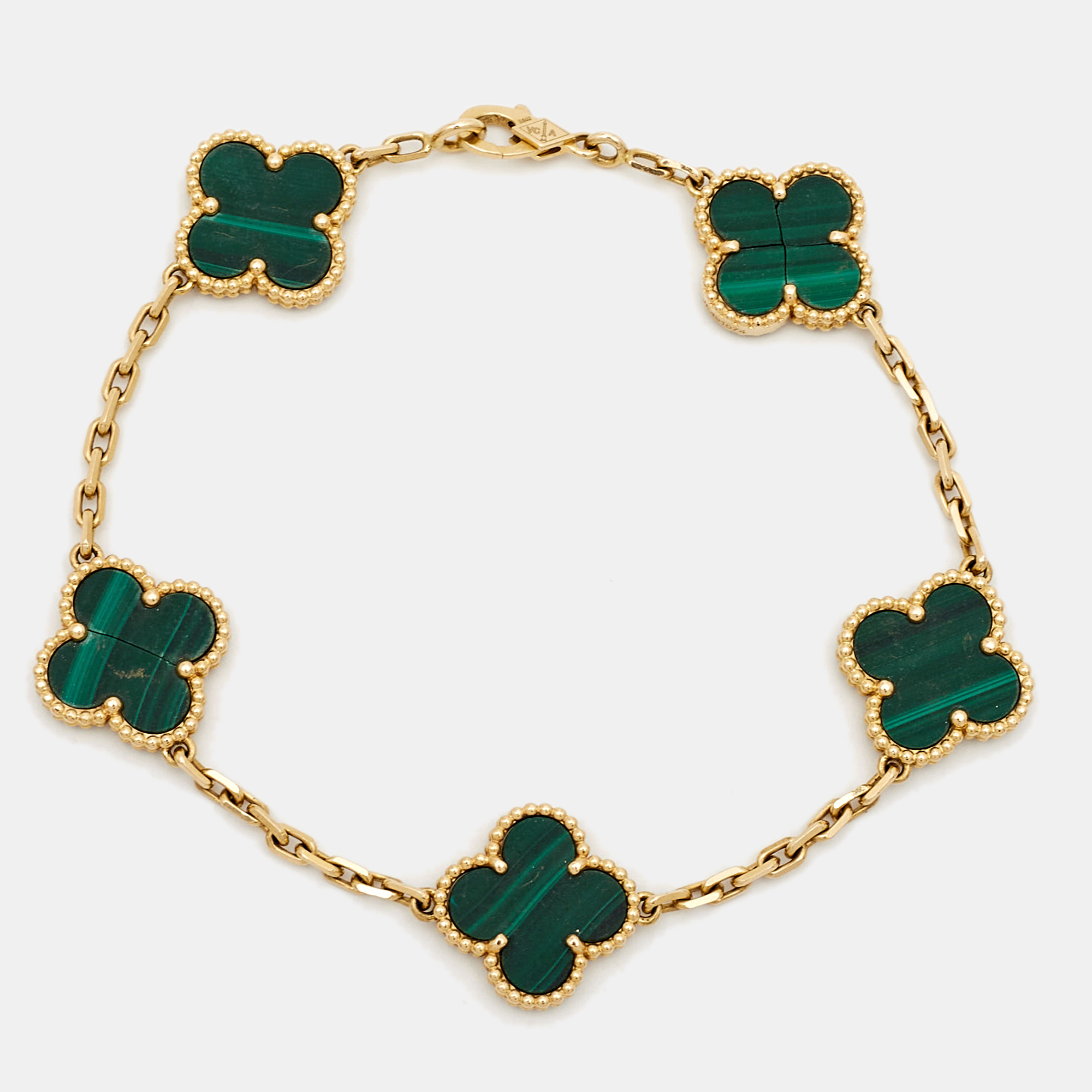 

Van Cleef & Arpels Vintage Alhambra Malachite 18k Yellow Gold 5 Motif Station Bracelet