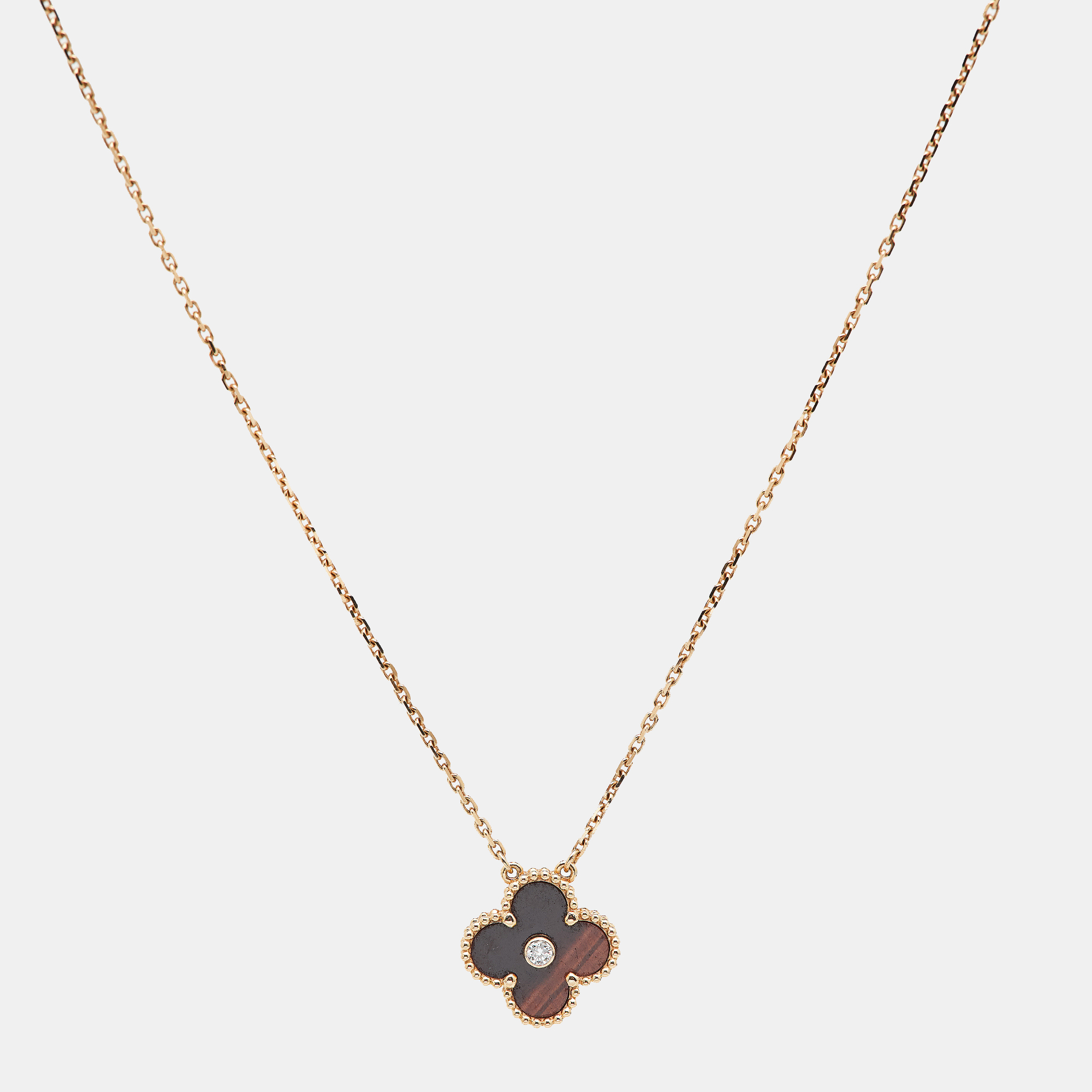 

Van Cleef & Arpels Vintage Alhambra Limited Edition 2017 Bulls Eye Brown Stone and Diamond 18K Rose Gold Holiday Pendant Necklace